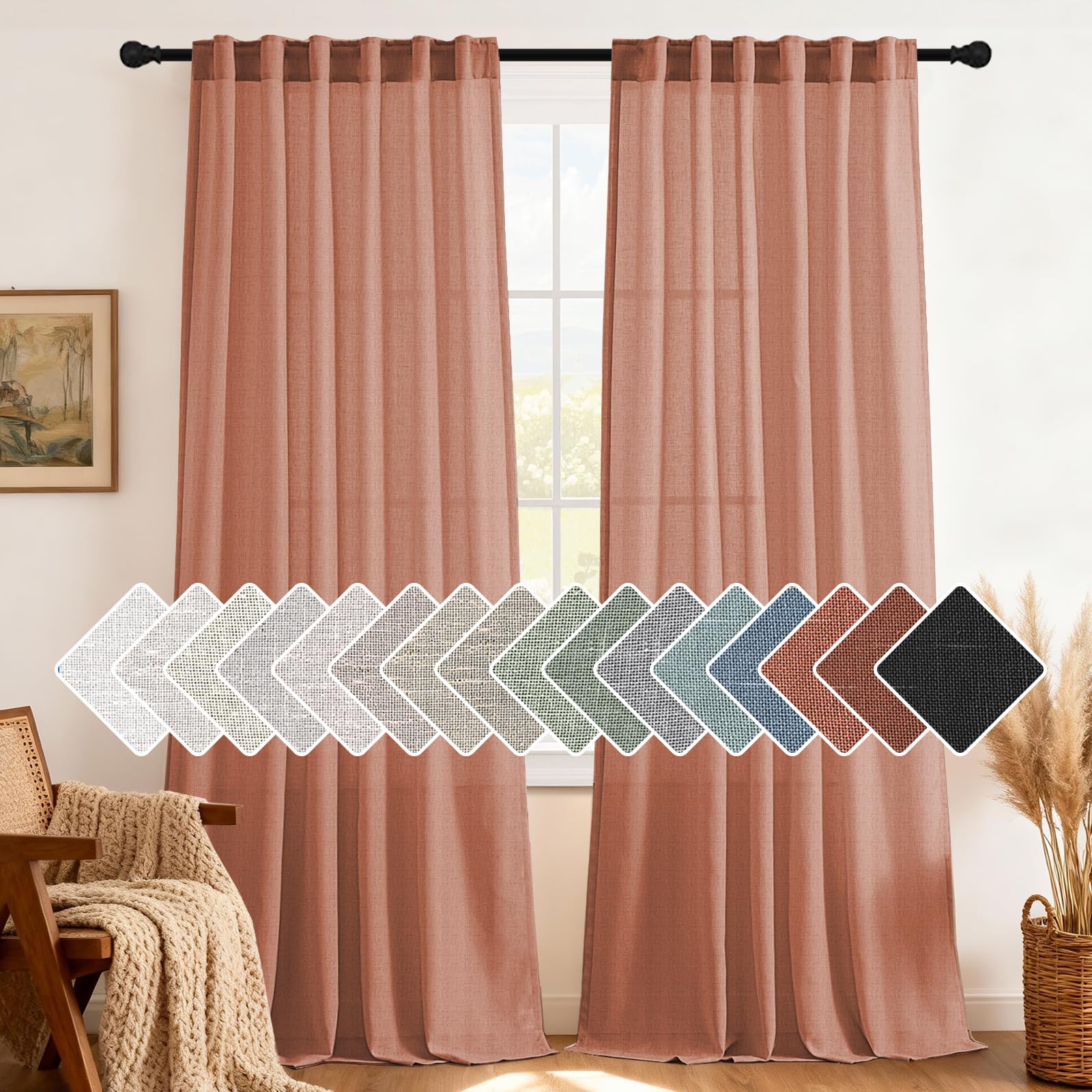 H.VERSAILTEX Natural Linen Curtains 108 inches Long for Living Room 2 Panels Back Tab Loop Pocket Textured Light Filtering Semi Sheer Curtains Rustic