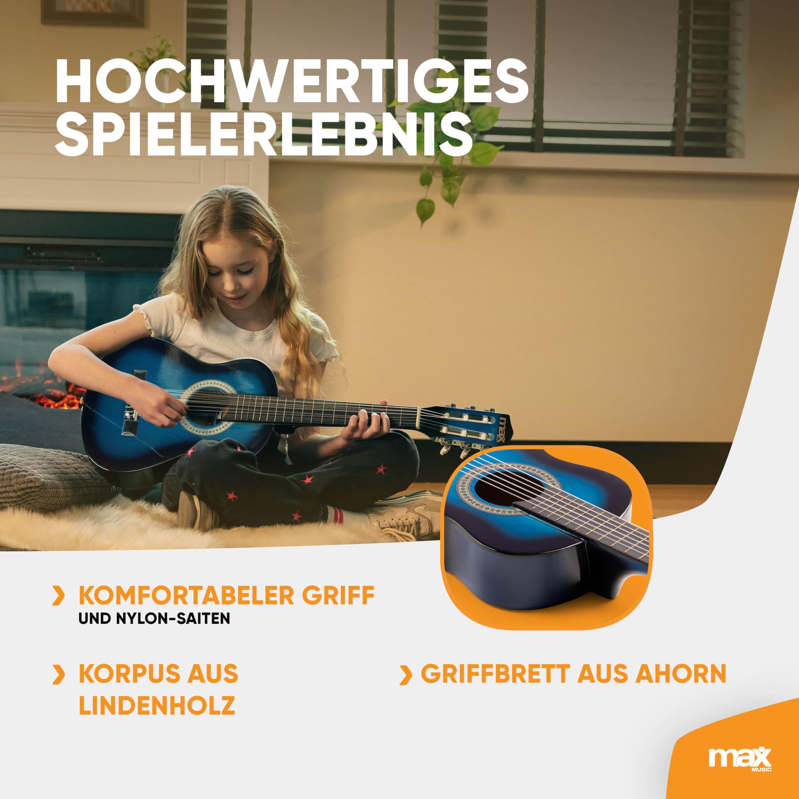 MAX SoloArt - 1/4 Gitarre Kinder ab 3 Jahre - Akustik Gitarre inkl. Gitarrenständer, Tasche, Plektrum, Gurt und Saiten-Zubehör, Kindergitarre 3 Jahre - Guitar in Blau