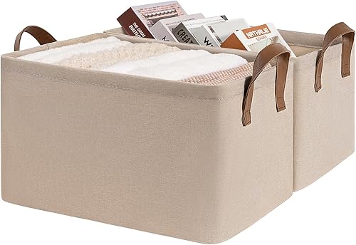 Miniatura 17 de CHICVITA - Canastas de almacenamiento para estantes y armario, organizadores modernos, color beige, paquete de 2 unidades, 16 ¾ pulgadas de largo x