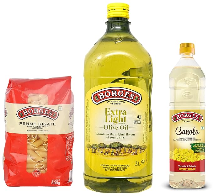 Borges Olive Oil Extra Light Flavour, 2 Liters & Canola Oil, 1L & Penne Rigate High Protein Cholesterol Free Durum Wheat Pasta (500g)