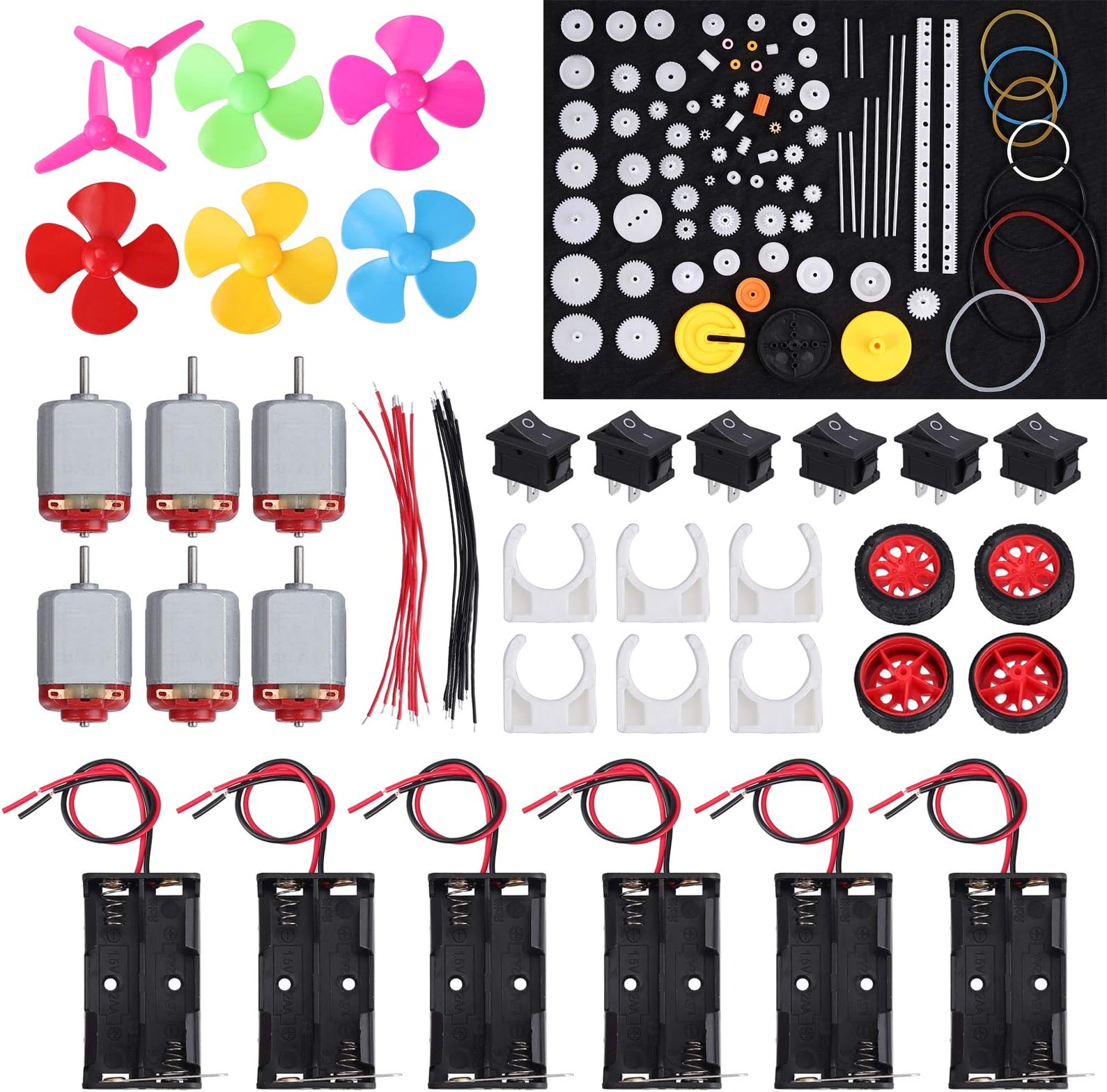 Justech 6 Set DC Motor Kit - Mini Electric Motor1.5-3V 24000RPM with 86pcs Plastic Gears, 6 x AA Battery Holder Motor Mounting Bracket Boat Rocker Switch and Shaft Propeller for DIY Science Projects