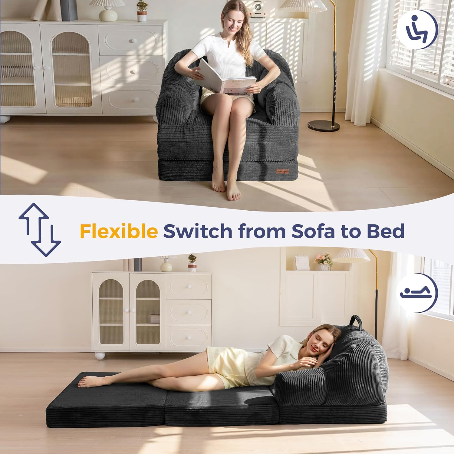 MAXYOYO Folding Sofa Bed with Backrest, Boneless Fold Out Couch Bed with Handle, 2 in 1 Convertible Bean Bag Chair to Floor Sofa Lounger, Comfy Folding Couch for Bedroom & Living Room, Black