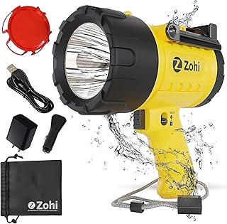 ZOHI Waterproof Rechargeable Spotlight - LED Super Bright Flashlight - USB Output Phone Charger, Rechargeable Searchlight, Boat Spot Light, LED Spotlight Torch, 1500Lumen Handheld Powerful Flashlights