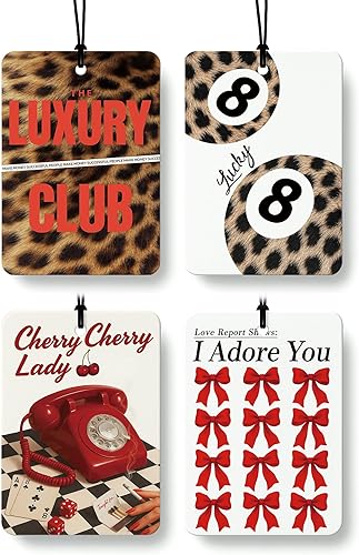 Miniatura 11 de Ambientador de Coche Retro Rojo de Guepardo 4 Piezas, Moderno Estampado de Guepardo Cereza Lucky 8 Ball Ambientador Colgante para Autos Armario
