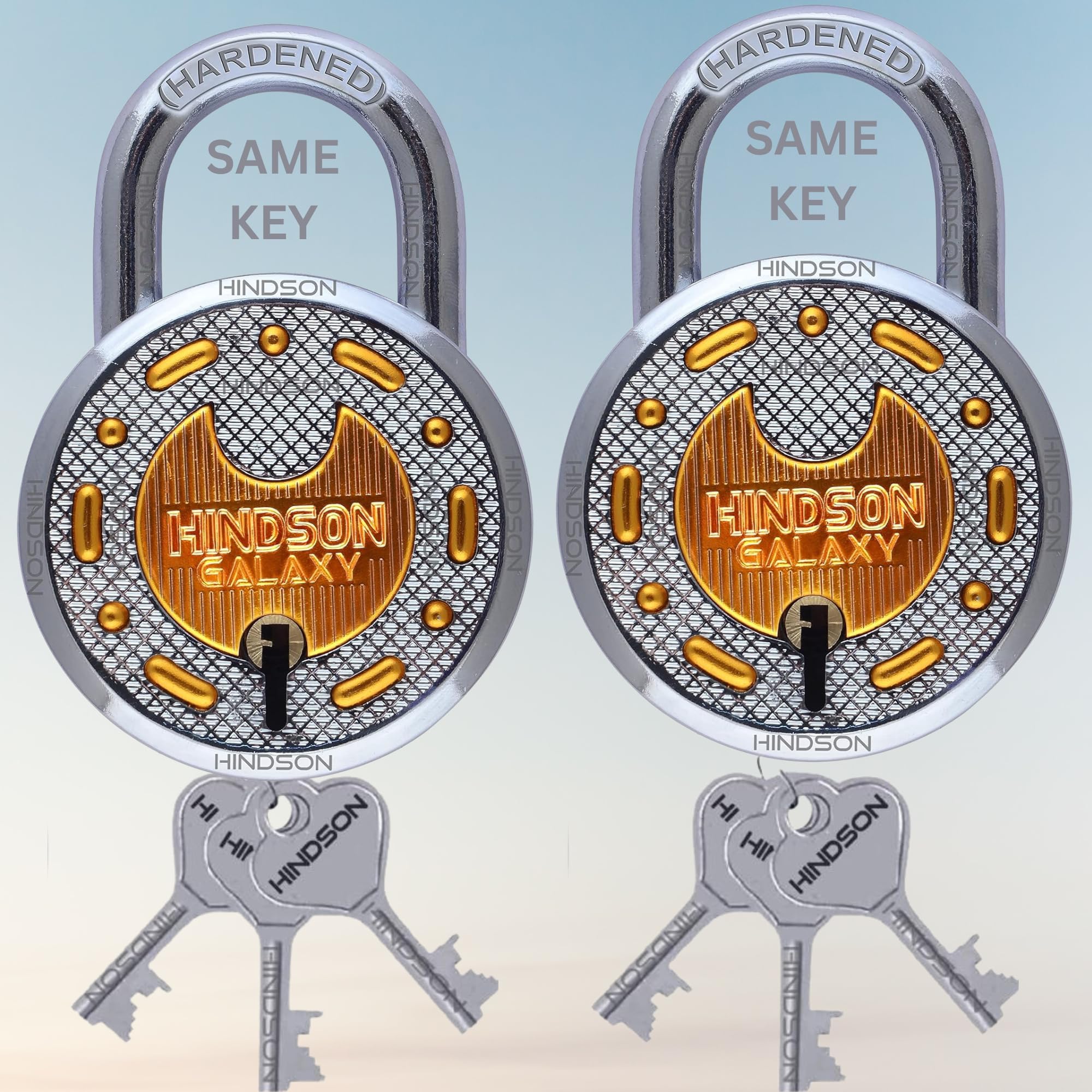 Hindson Same Key Galaxy 65mm Padlock | 2 Heavy Duty Padlocks with 6 Common Keys | Strong Metal Body Locks with Double Locking & 8-Lever Mechanism for Home, Gate, Shutter & Shop Security