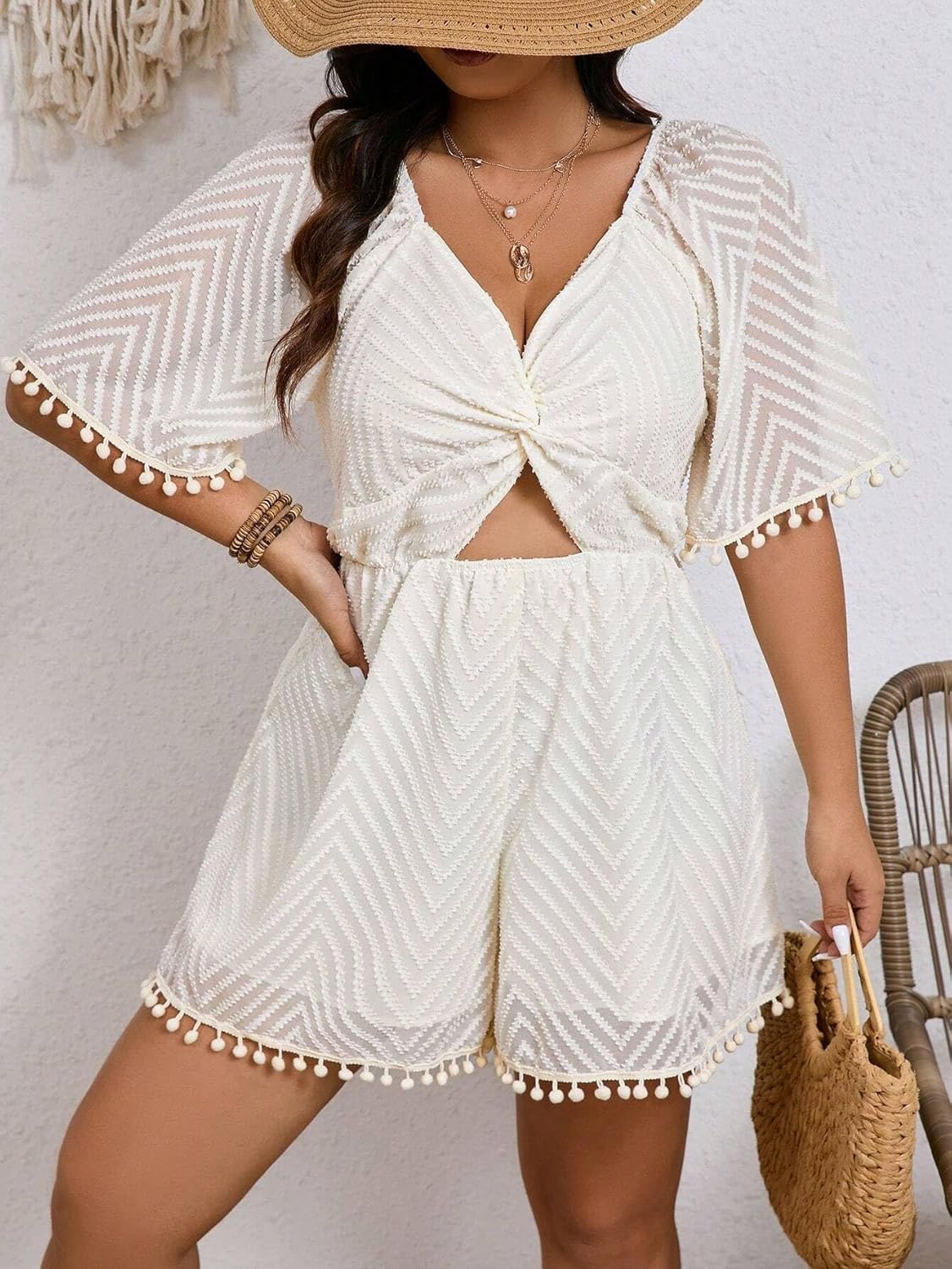 Rompers for Women Summer 2026 Plus Size V-Neck Hollow Out Front Short Sleeve Jumpsuit For Summer
