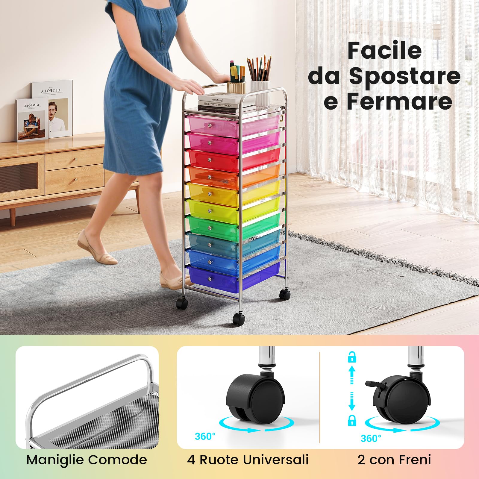 COSTWAY Carrello Portaoggetti con 10 Cassetti, Cassettiera con Ruote, Struttura in Metallo, Ruote Universali Bloccabili e Maniglia, Carrello Organizer per Casa, Ufficio (39 x 32 x 97 cm)