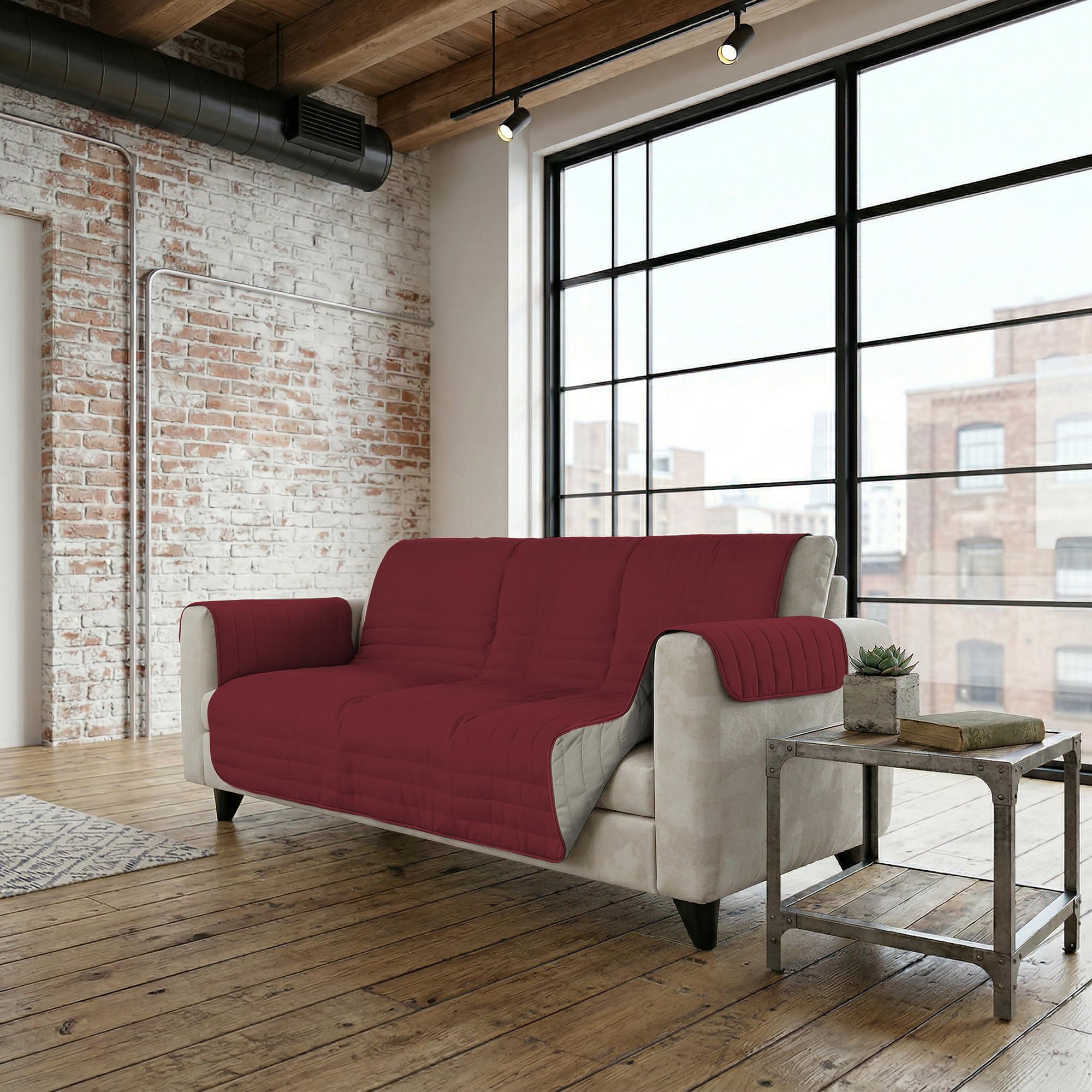 Italian Bed Linen TRENDY Two Tone Microfibre Sofa Cover Bordeaux/Cream 3 Seater