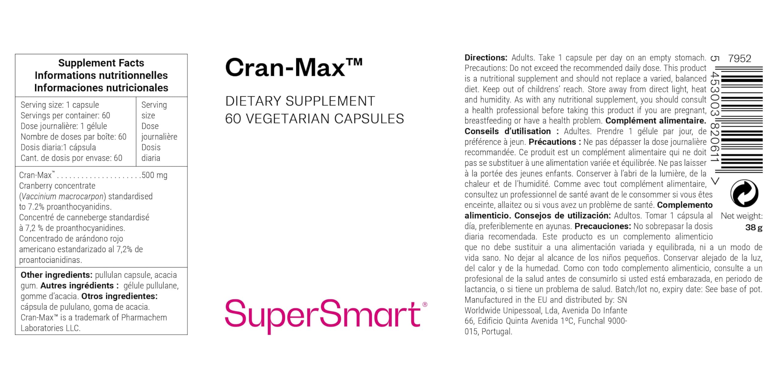 Cran-Max - Solution Naturelle qui Cible les Infections Urinaires - Concentré de Canneberge Standardisé à 7,2% de Proanthocyanidines (Tanins Condensés) de Type A - Sans OGM - Supersmart