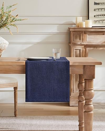 Miniatura 2 de ZeeMart Camino de mesa de arpillera estilo granja de 72 pulgadas de largo, camino de mesa de comedor tejido rústico azul marino para uso diario, 14
