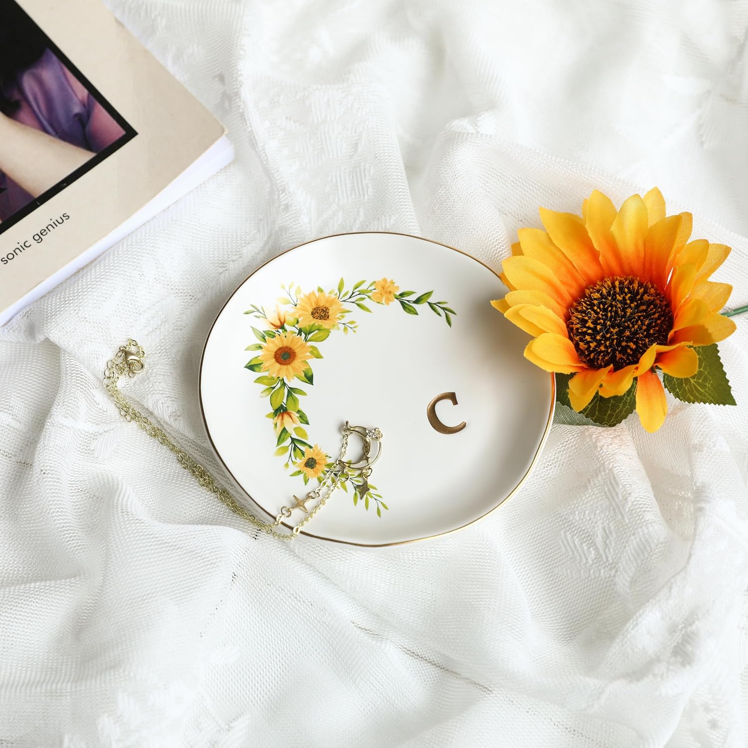 COLLECTIVE HOME - Ceramic Jewelry Tray, Trinket Dish for Rings Earrings Necklaces Bracelet Watch Keys, Birthday Mother's Day Christmas Gift for Women, 4.75", White Surface wirh Sunflowers (c) image 2