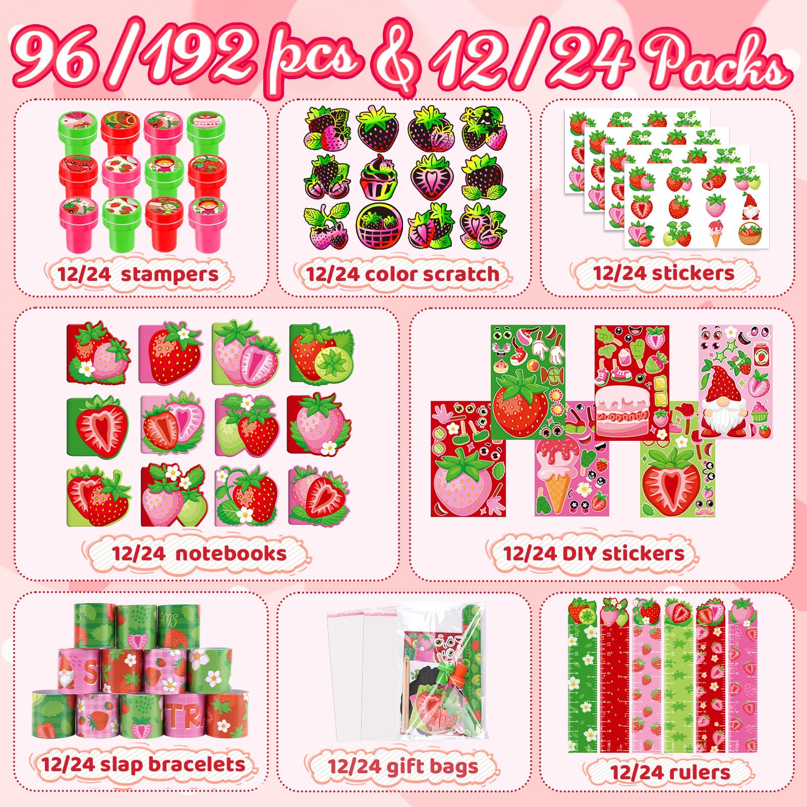 BenLouis 96 piezas de recuerdos de fiesta de fresa, artículos de papelería escolares a granel para niños, aula, regalo de cumpleaños, caramelos, bolsas de golosinas, decoración de frutas, fresas