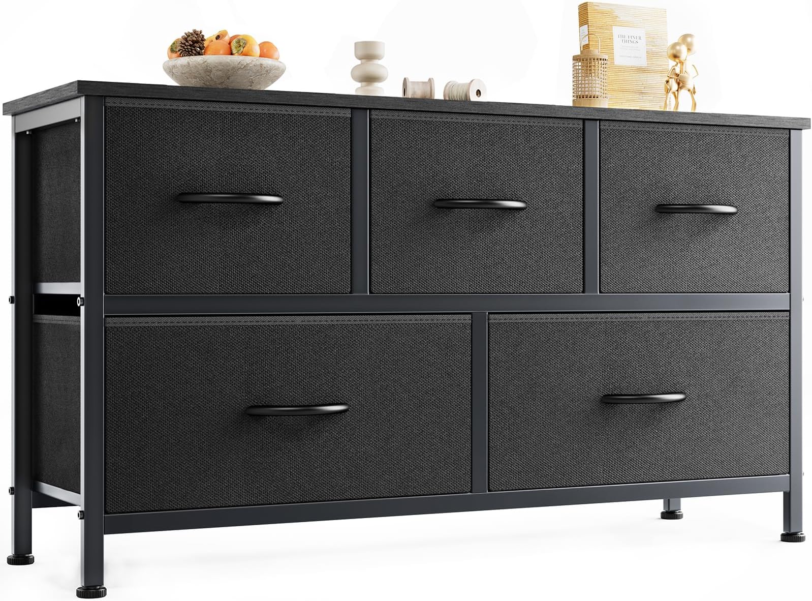 OLIXIS Dresser, Storage with 5 Organizer Closet Chest Small Clothes Fabric Cabinet, Kids Furniture Drawer Binis, Nightstand for Bedroom, Living Room, Nursery, Entryway, Matte Black