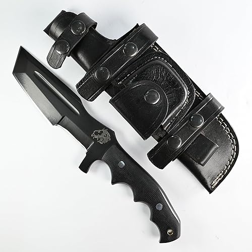 LOWIN - Cuchillo de caza hecho a mano de acero de damasco con mango G10, diseño de transporte de explorador, funda de cuero de búfalo, ideal para