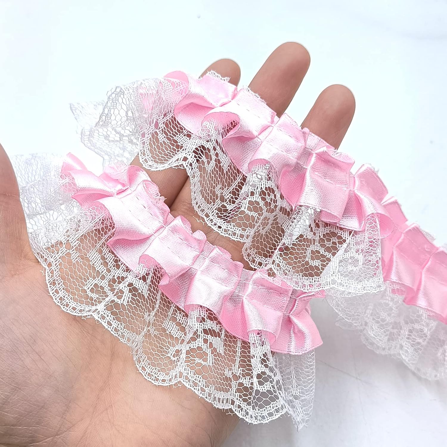 2 Yards Pink Chiffon Lace Trims White Vintage Lace Ribbons for Wedding Decorations, DIY Craft, Handmade Costume Decoration - 1.8"Inch