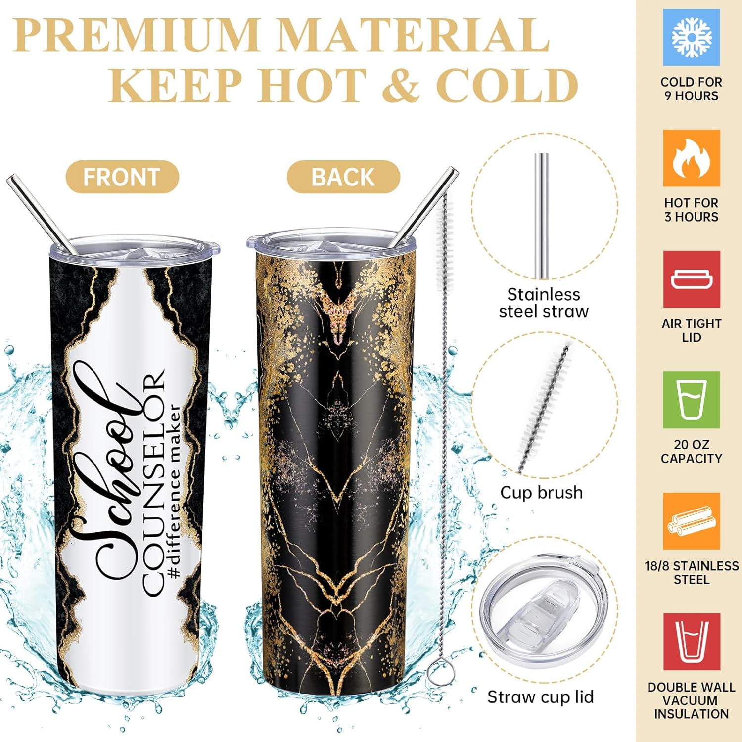 4 Pcs Graduation School Counselor Must Have Gifts Include 20oz Stainless Steel Tumbler Appreciation Makeup Bag Journal Pen Thank You Gift for Educator Teacher(Black) - Image 4