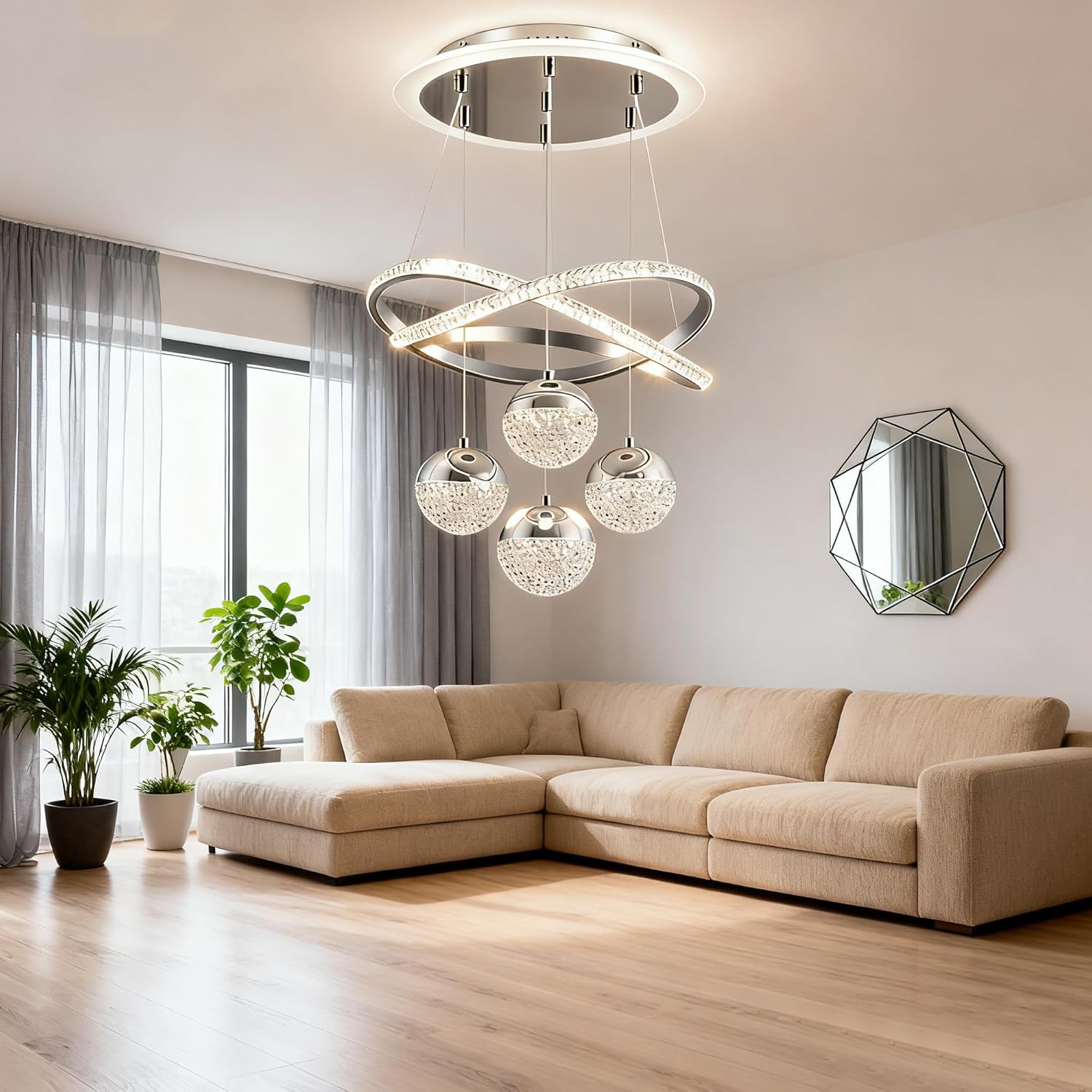 3-Color Change Chrome LED Chandelier, Modern Pendant Light for Kitchen Island, Adjustable Height Hanging Pendant Light Fixture for Dining Room, Living Room Ceiling