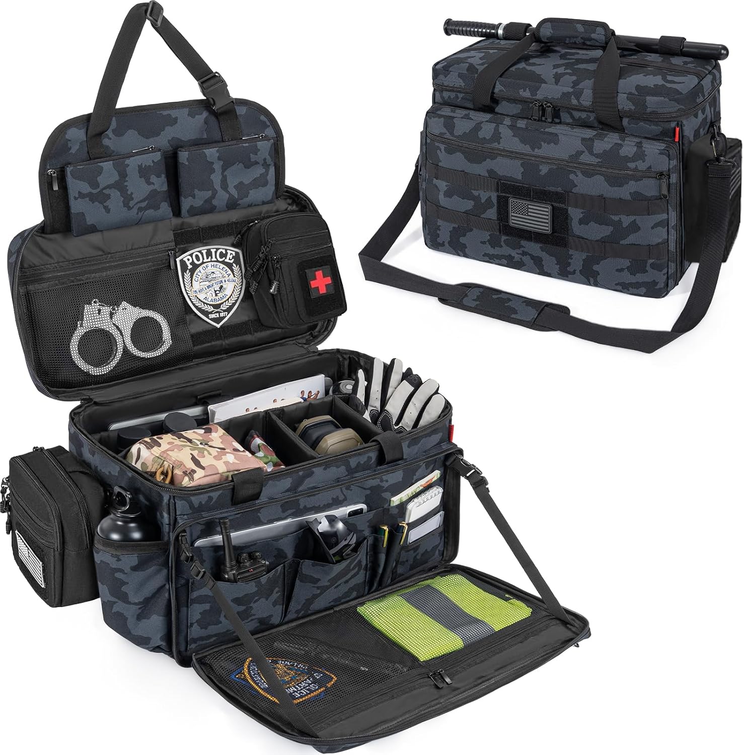 Patrol Bag Law Enforcement, Police Gear Bag Car Front Seat Organizer for Police with Laptop Layer and Cup Holders, MOLLE System, Fits Vehicle Passenger Seat, Black Camo