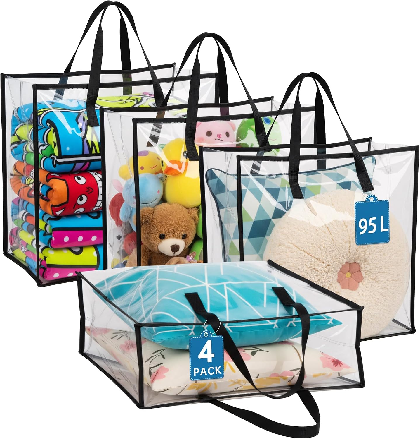 4 Pack 26 Inch Clear Storage Bags, 95L Large Clothes Storage Bags with Zipper & Handles, PVC Underbed storage for Comforters, Bedding, Pillows, Seasonal Decorations