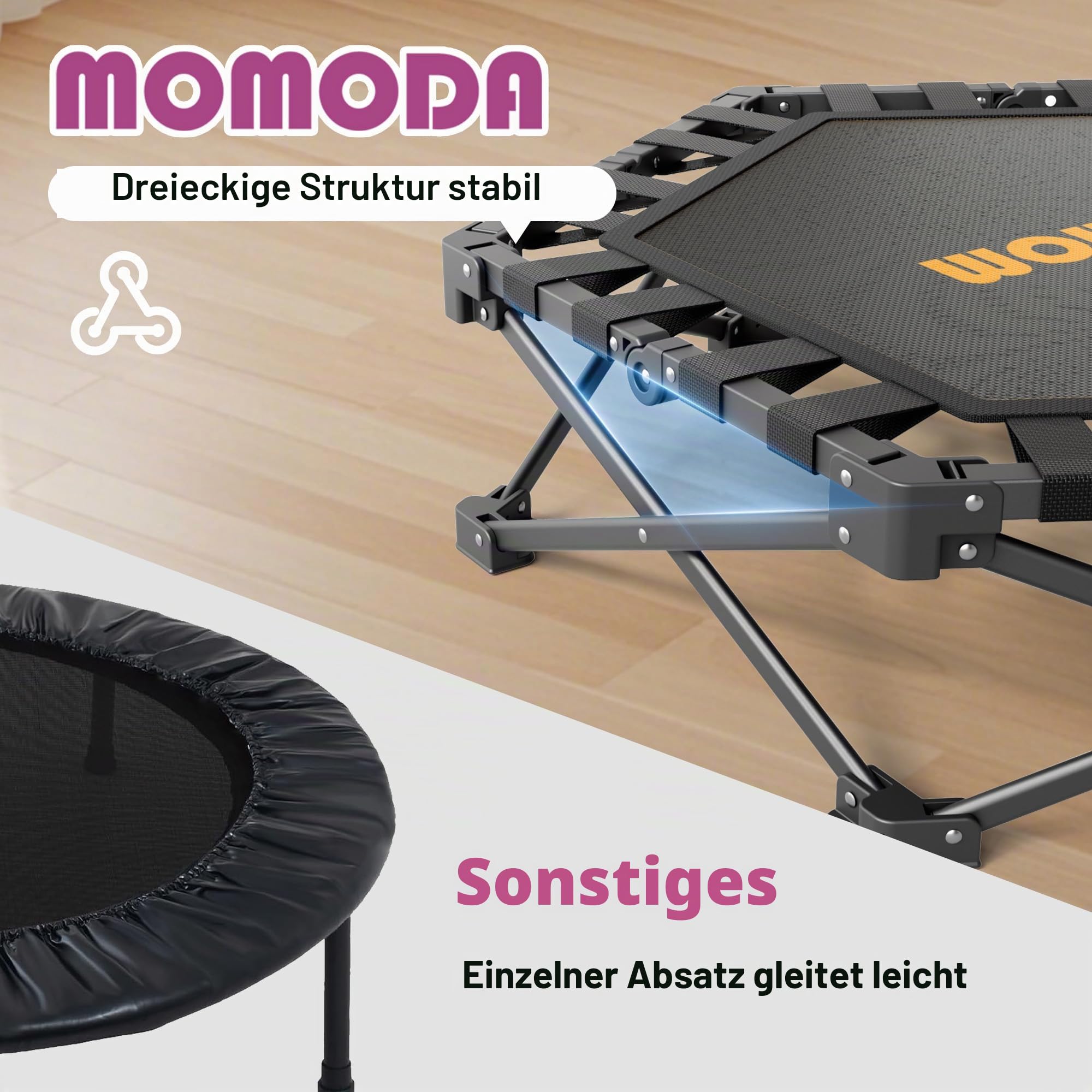 MOMODA Klappbar Fitness Trampolin Indoor mit Griff, Keine Installation Rebounder für Kinder und Erwachsene, Durchmesser 106 cm