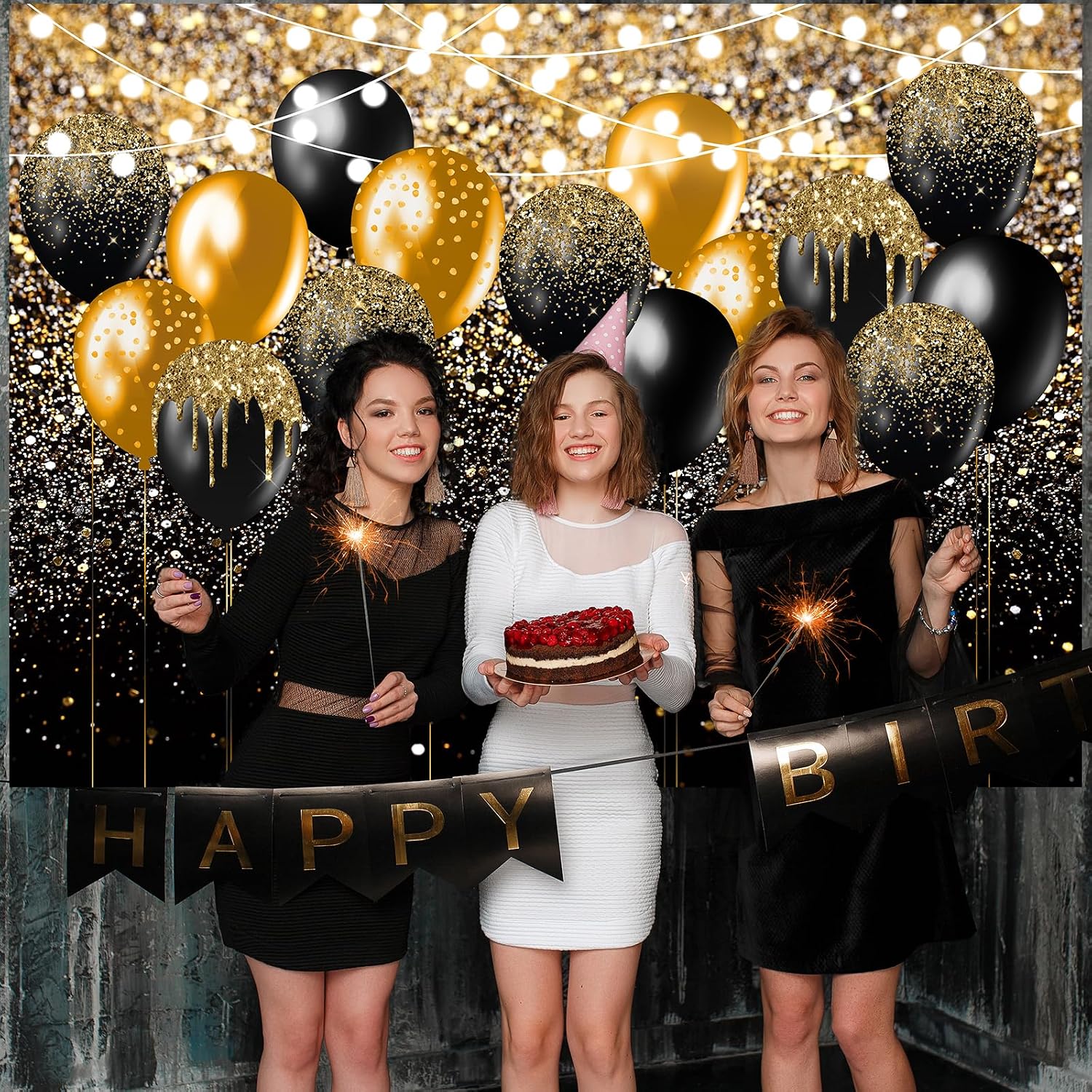 Avezano Black and Gold Glitter Backdrop for Birthday Wedding Prom Graduation Photography Background Party Glitter Gold Black Balloon Party Decorations Photoshoot Photobooth (7x5ft)