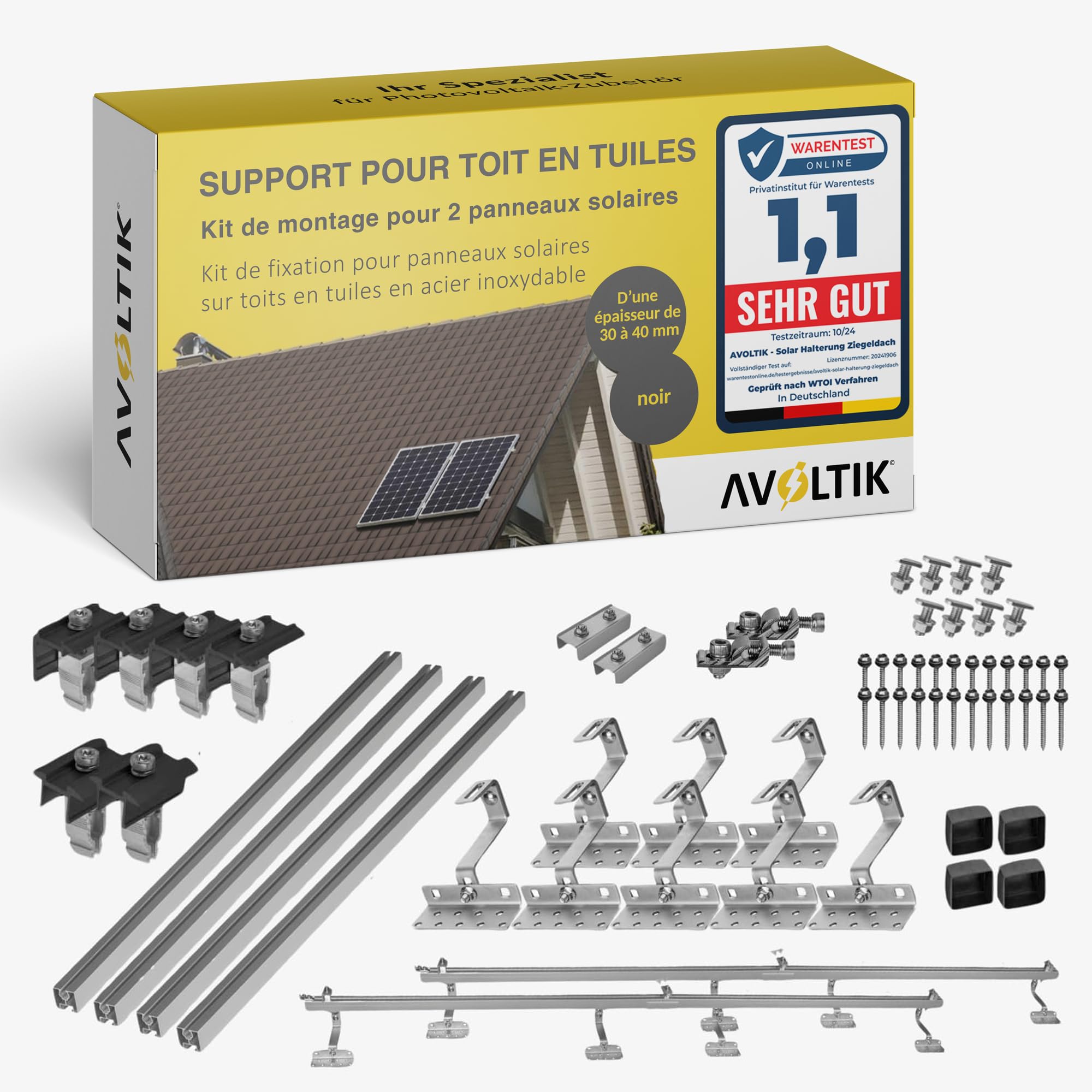 Support solaire pour toit en tuiles | Kit de montage pour 2 panneaux I Lot de crochets de toit en acier inoxydable 3 fois fixés. Pinces de rail de montage en aluminium