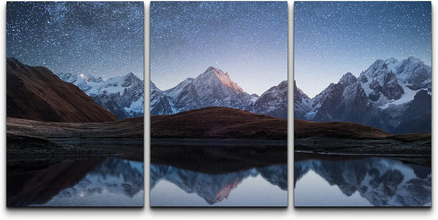 wall26 - 3 Piece Canvas Wall Art - Night Sky with Stars and The Milky Way Over a Mountain Lake - Modern Home Art Stretched and Framed Ready to Hang - 16"x24"x3 Panels