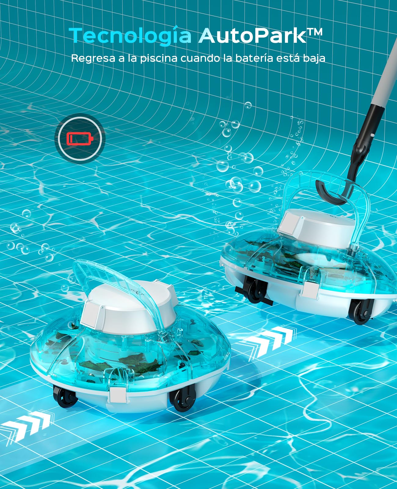 WINNY POOL CLEANER Winny 200 – Robot Limpiafondos Inalámbrico, Doble Filtración, Estacionamiento Aut., 80 Min Autonomía, Piscinas Desmont. hasta 60 M², Compacto Y Ligero(Azul Marino-Blanco)
