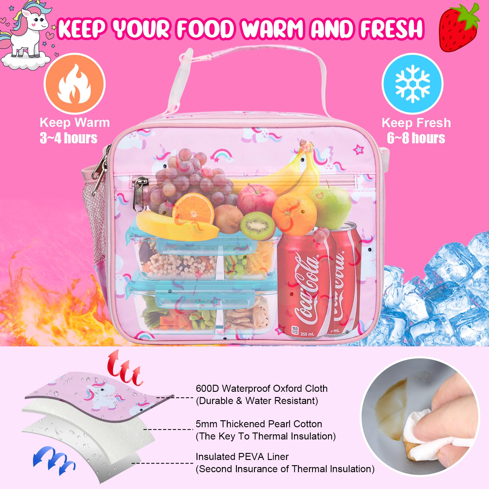 Homtibrm Insulated Lunch Bag, Kids Lunch Cool Bag with Adjustable Strap - Image 3