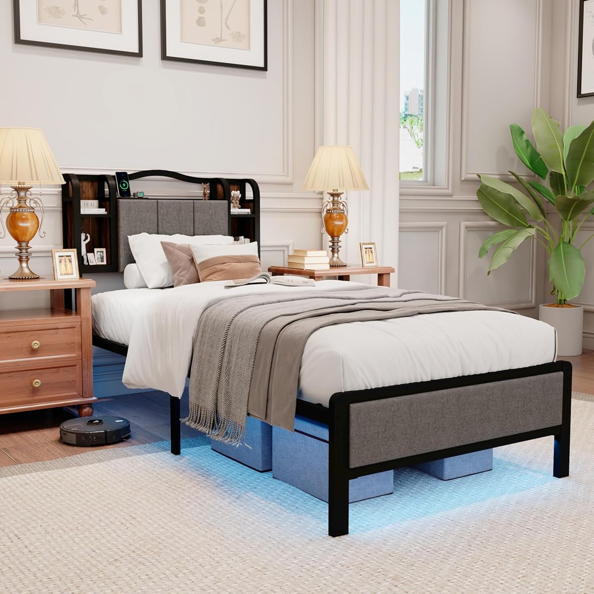 Twin Size Bed Frame with Upholstered Headboard & Footboard, Metal Bed Frame with LED Lights & Charging Station, No Box Spring Needed, Noise-Free Easy Assembly, Large Under Bed Storage