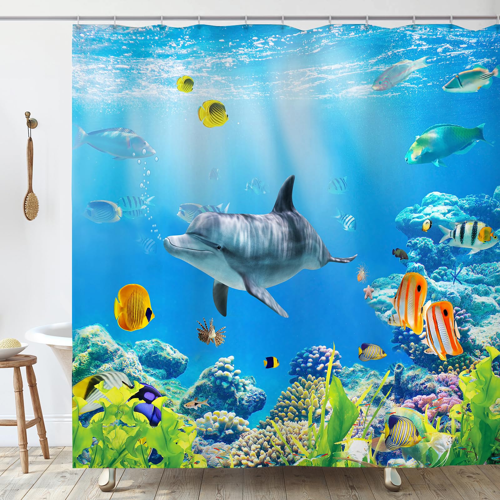 OCEUMACO Dolphin Shower Curtain Anti Mould Proof Resistant Extra Long 180x200cm Drop Blue Ocean Underwater Fish Bath Shower Curtains for Bathroom Wet Room with Hooks Waterproof Fabric
