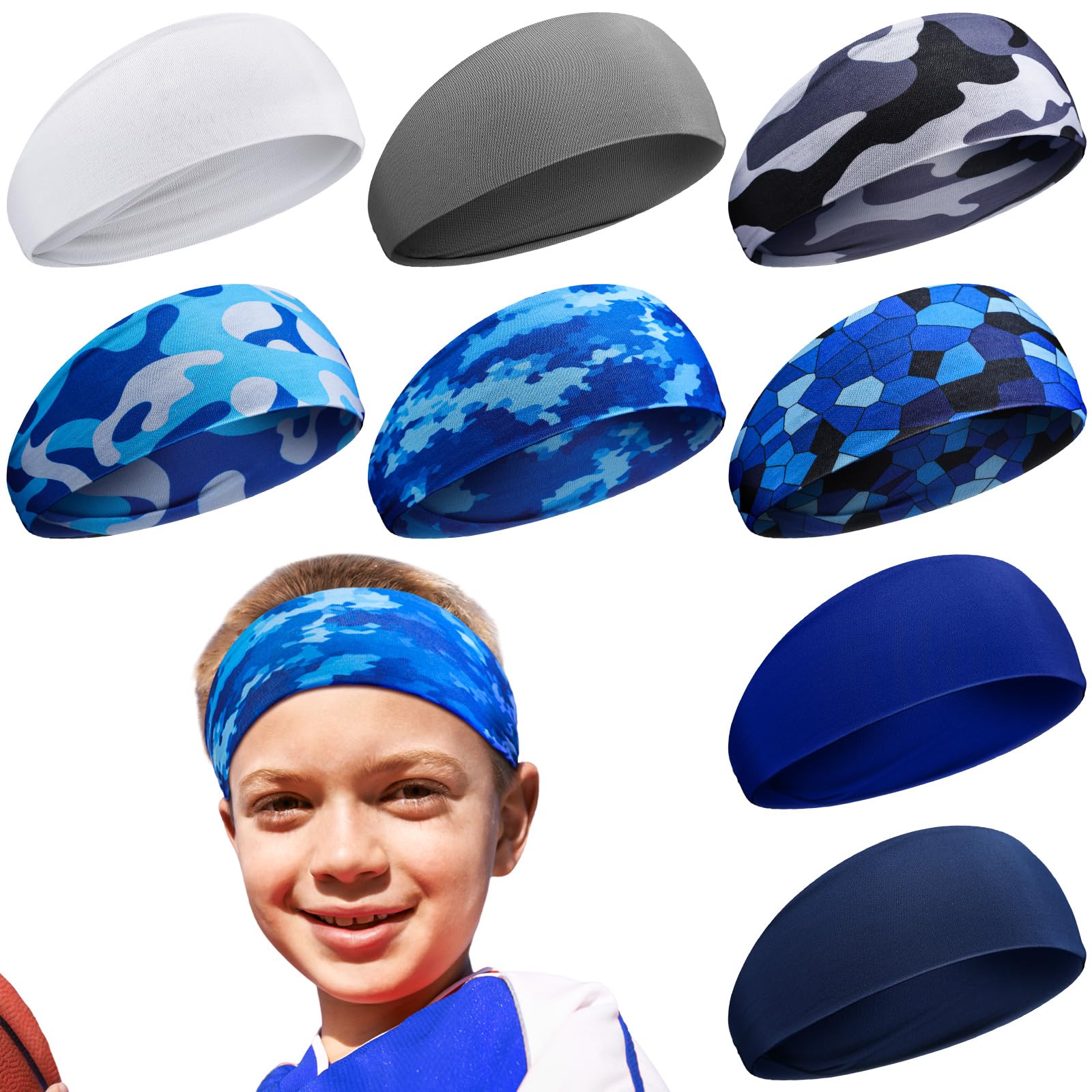 Haull 8 Pcs Kids Boys Athletic Headbands Elastic Sports