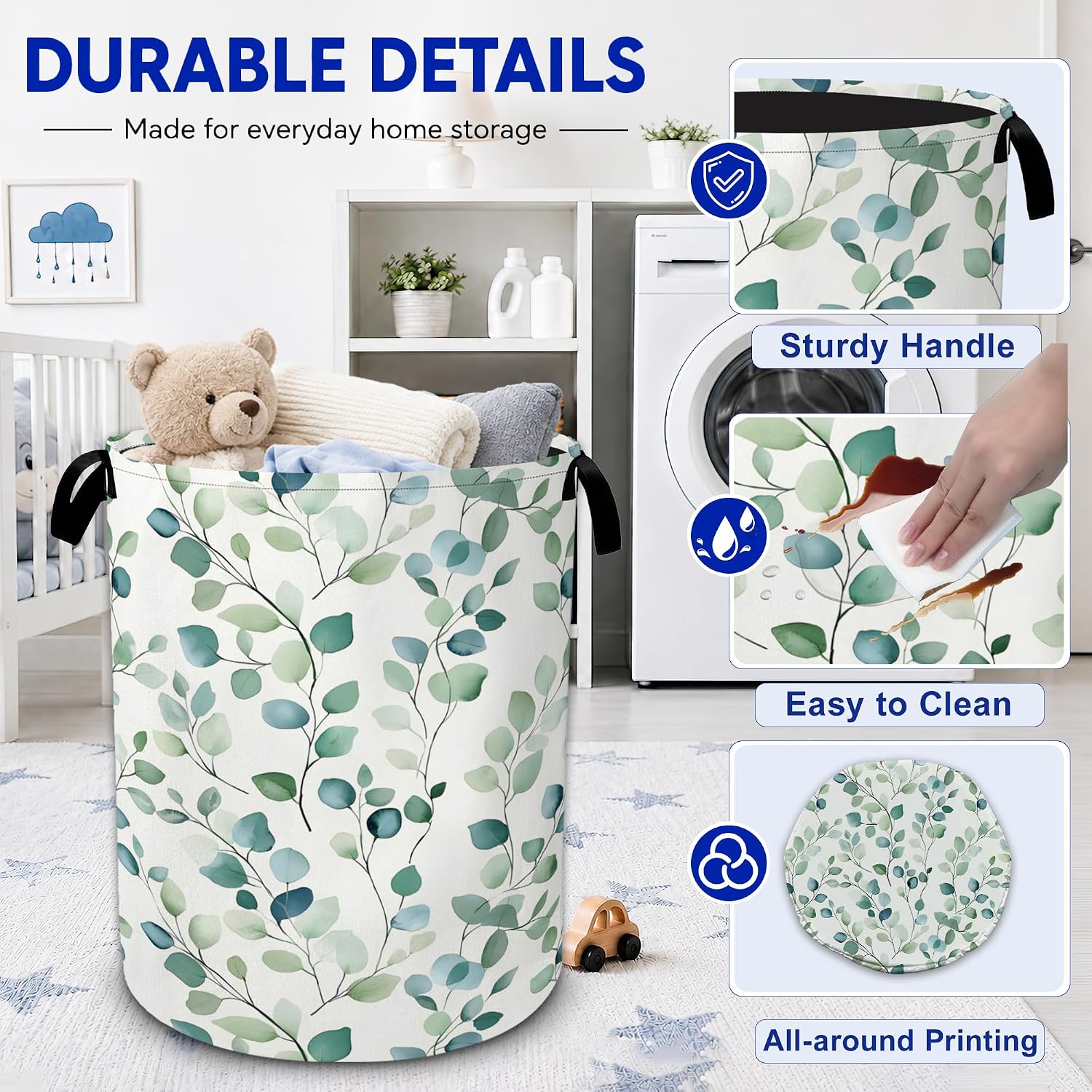Eucalyptus Leaves Laundry Hamper,Collapsible Laundry Baskets, Dirty Clothes Baskets with Handles,Oxford Cloth Hamper for Bedroom,Bathroom,Laundry Room,College Dorms,16"x20"