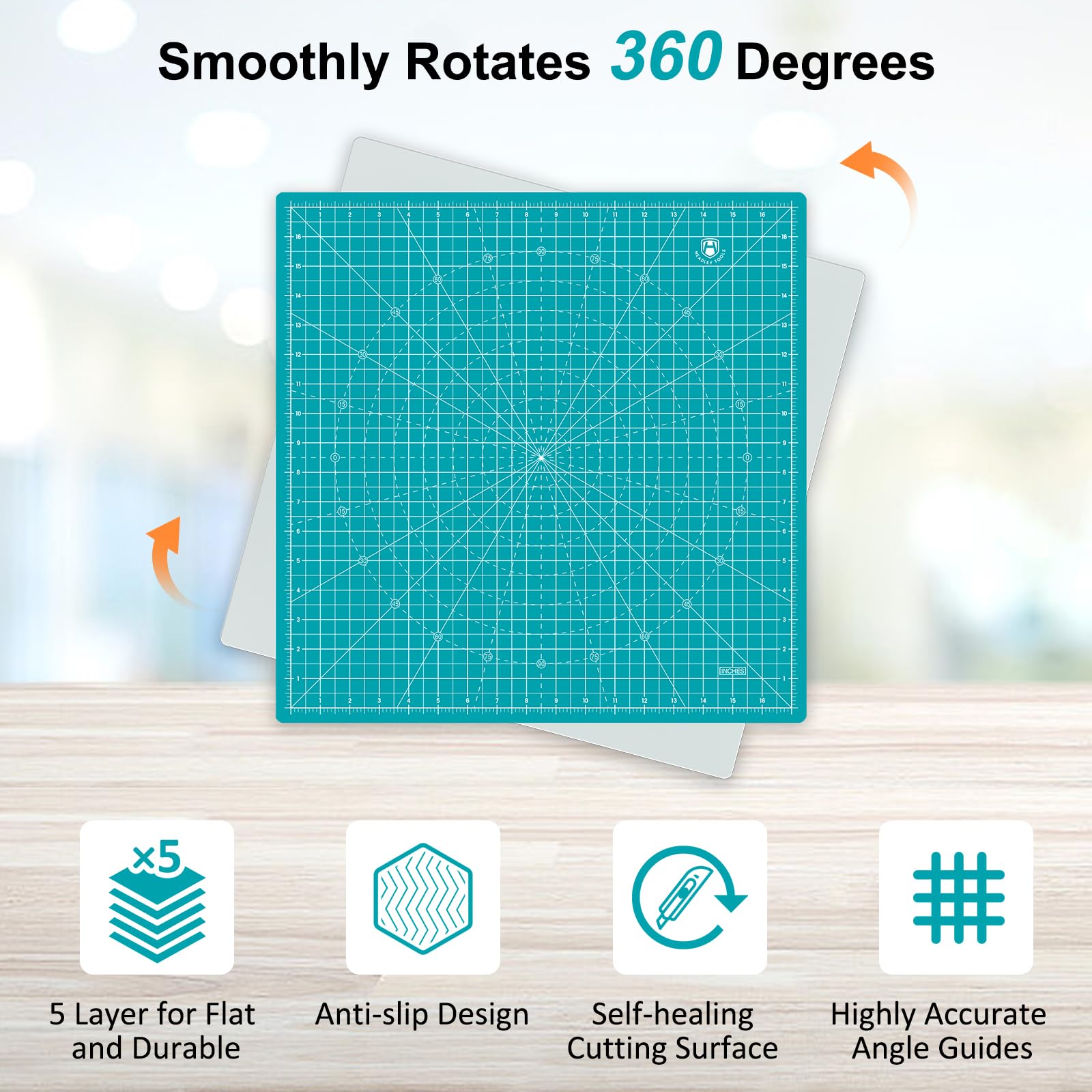 Headley Tools Rotierende Schneidematte, selbstheilende Matte mit 360-Grad-Rotation und rutschfester Unterseite, Nähbrett, Schneidematte, perfekt für Stoff, Quilten, Leder, Hobby-Projekt, Türkis