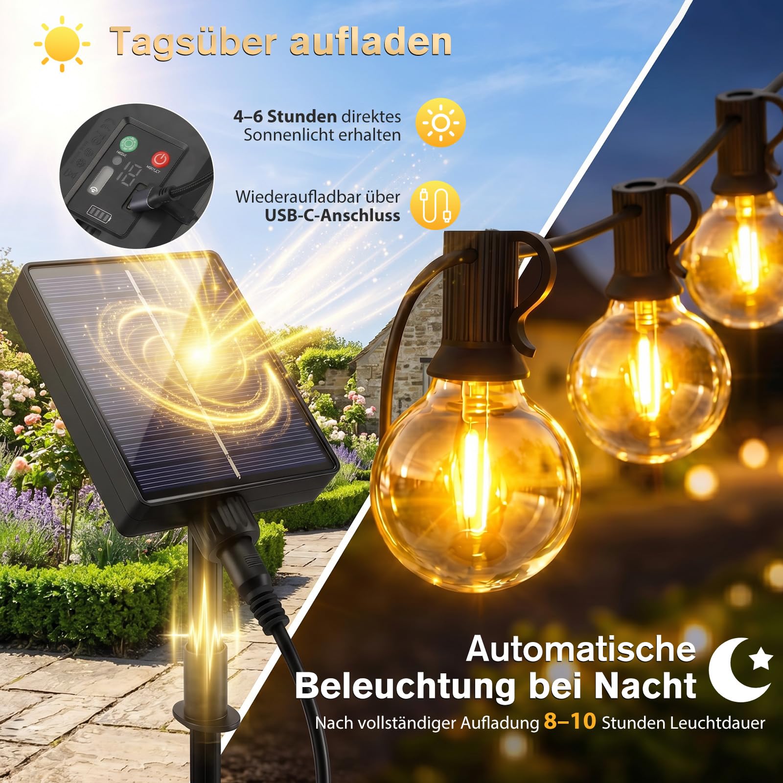 SALCAR Guirlande lumineuse solaire d'extérieur - 23 m - Étanche - 30 + 1 ampoules G40 - Intensité variable - Avec télécommande - 8 modes - Pour jardin, balcon, terrasse, fête, blanc chaud
