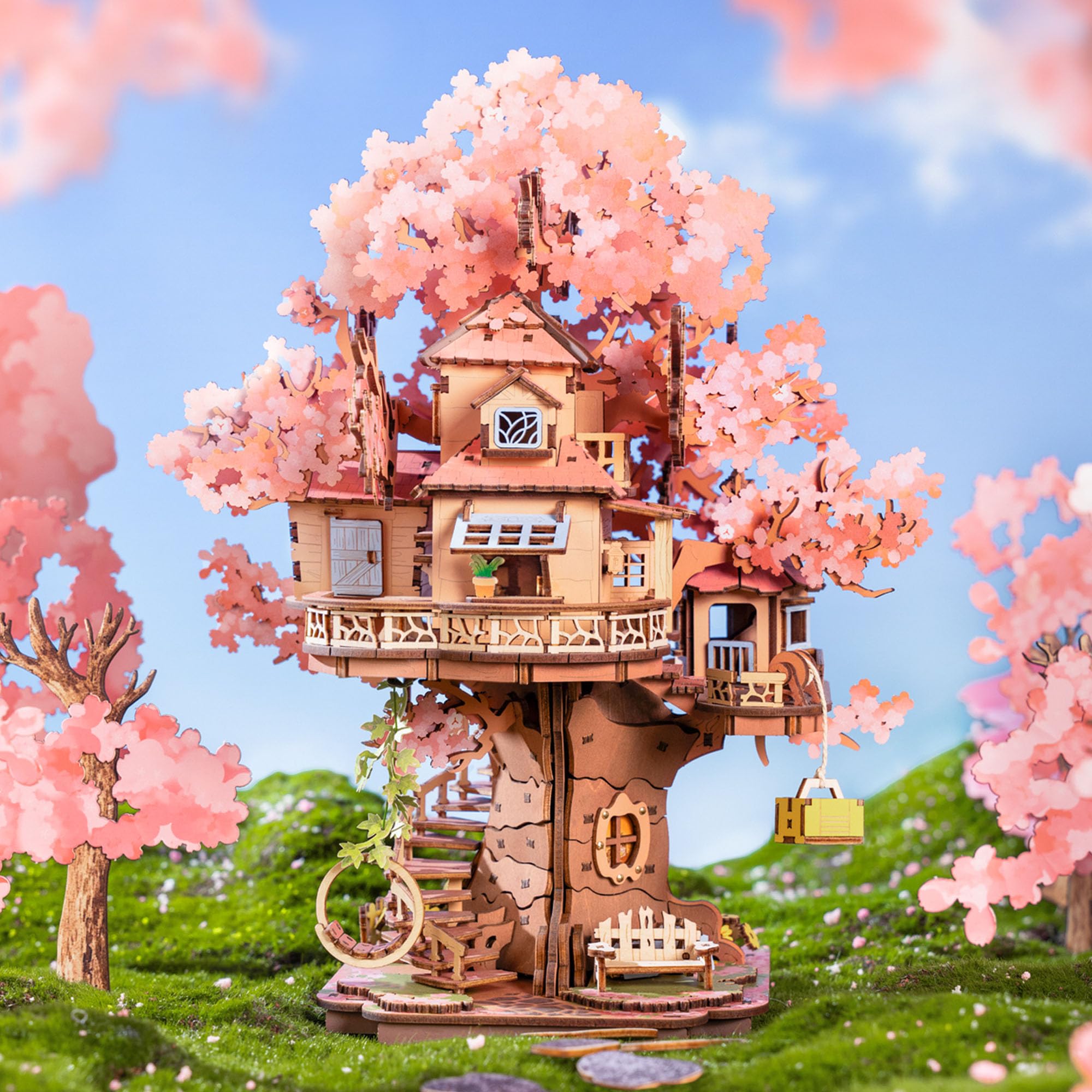 Rolife Puzzle 3D Casa Sakura sull'Albero, Puzzle Legno per Adulti 535 Pezzi, Kit per Costruire Modellini da Costruire a Fissaggio Snap-Fit, Decorazione con Fiori di Sakura Luccicanti