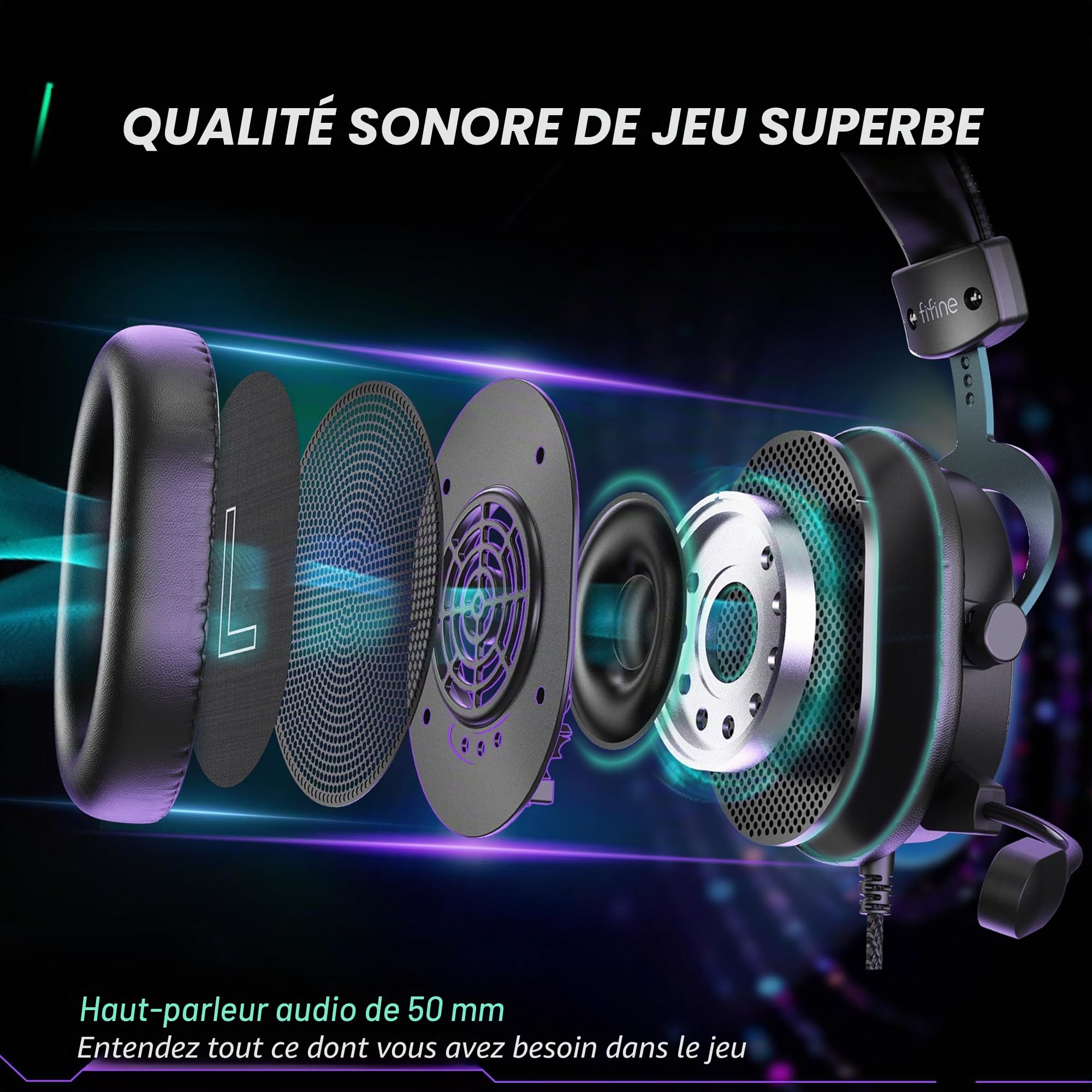 FIFINE Casque Gamer PC, Casque Gaming avec Micro pour PS4 PS5 Xbox Switch, avec Son Surround 7.1, Microphone détachable, boîtier de Commande, Prise Casque 3,5 mm