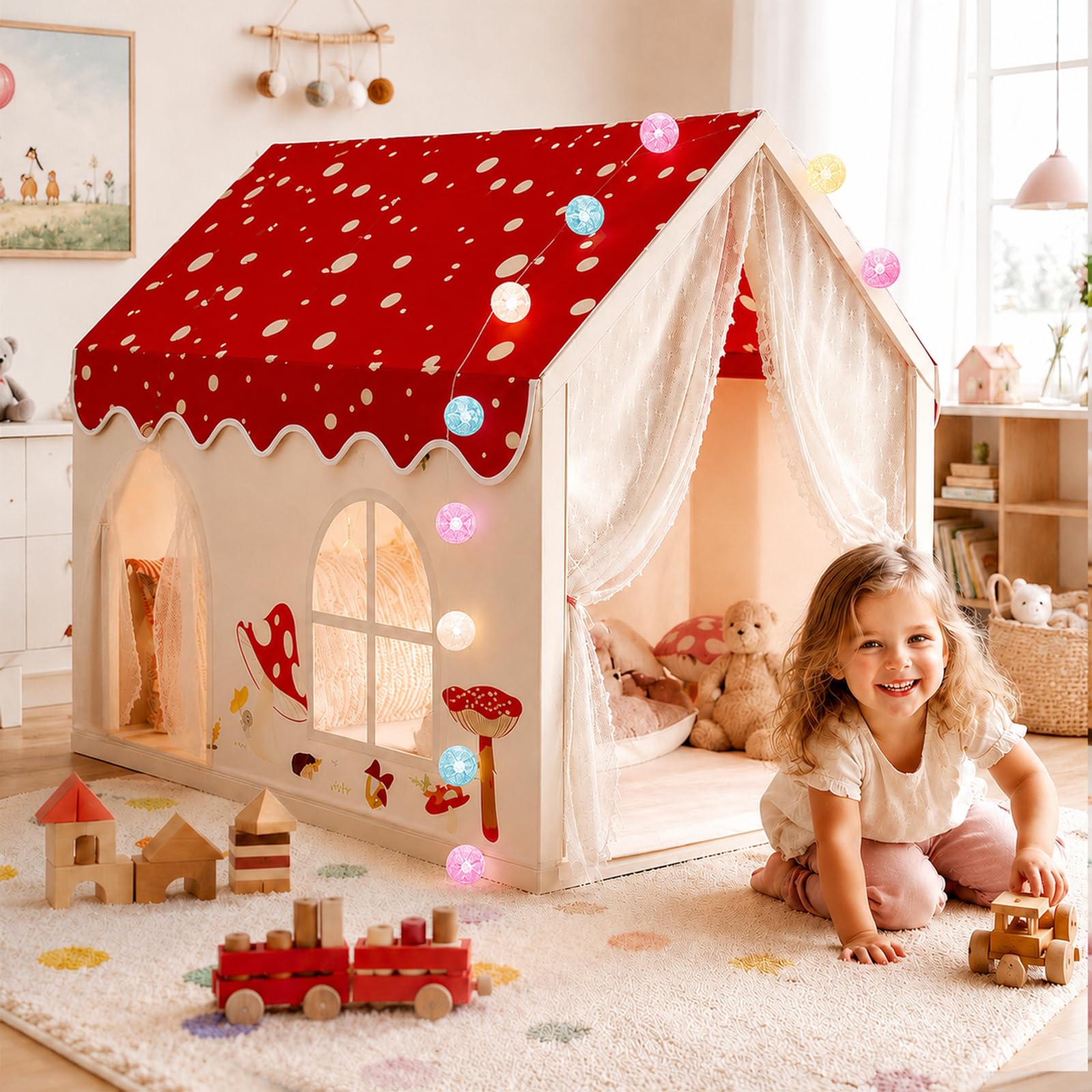 2 Türen Kinderzelt Indoor, Kinder Spielhaus Indoor, Kinder Bettzelt Spielzelt für Drinnen, Kinderspielhaus Kuschelecke Prinzessin Zelt mit Fenstern Lichterkette für Jungen Mädchen 105x160x128cm