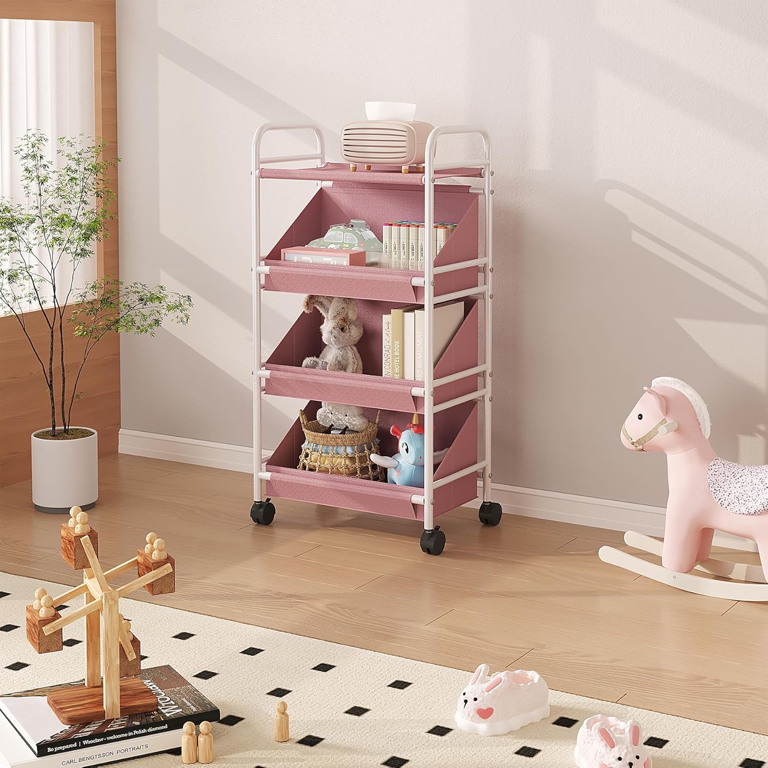 Buzowruil Utility Rolling Fabric Storage Rack Trolley Toy Cart Trolley with 3 Large Storage Boxes,Wheels, Suitable for Bedroom, Living Room, Entryway, Pink