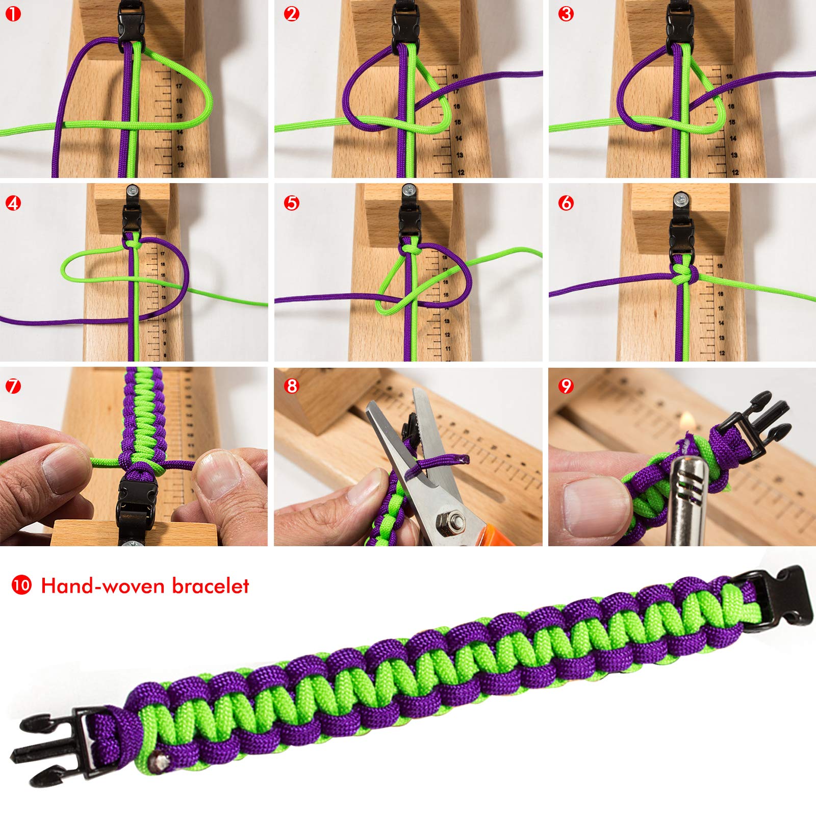 Inntek 12 Stück 10 Fuß Paracord Schnur 550 Paracord Seile, Paracord Armband Paracord Bänder Set mit 24 Paracord Steckverschluss für DIY Armbänder, Schlüsselanhänger,Hundeleinen, Leinen, Zeltseil