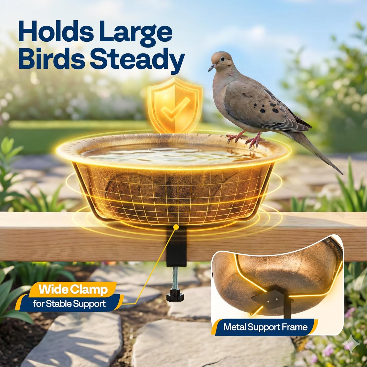 VIVOHOME Deck Mounted Bird Bath and Feeder with Adjustable Metal Clamp for Railing, Fence, Balcony, 1.45 Gallons, Copper 28 Inch Height Polyresin Lightweight Antique Bird Bath Copper
