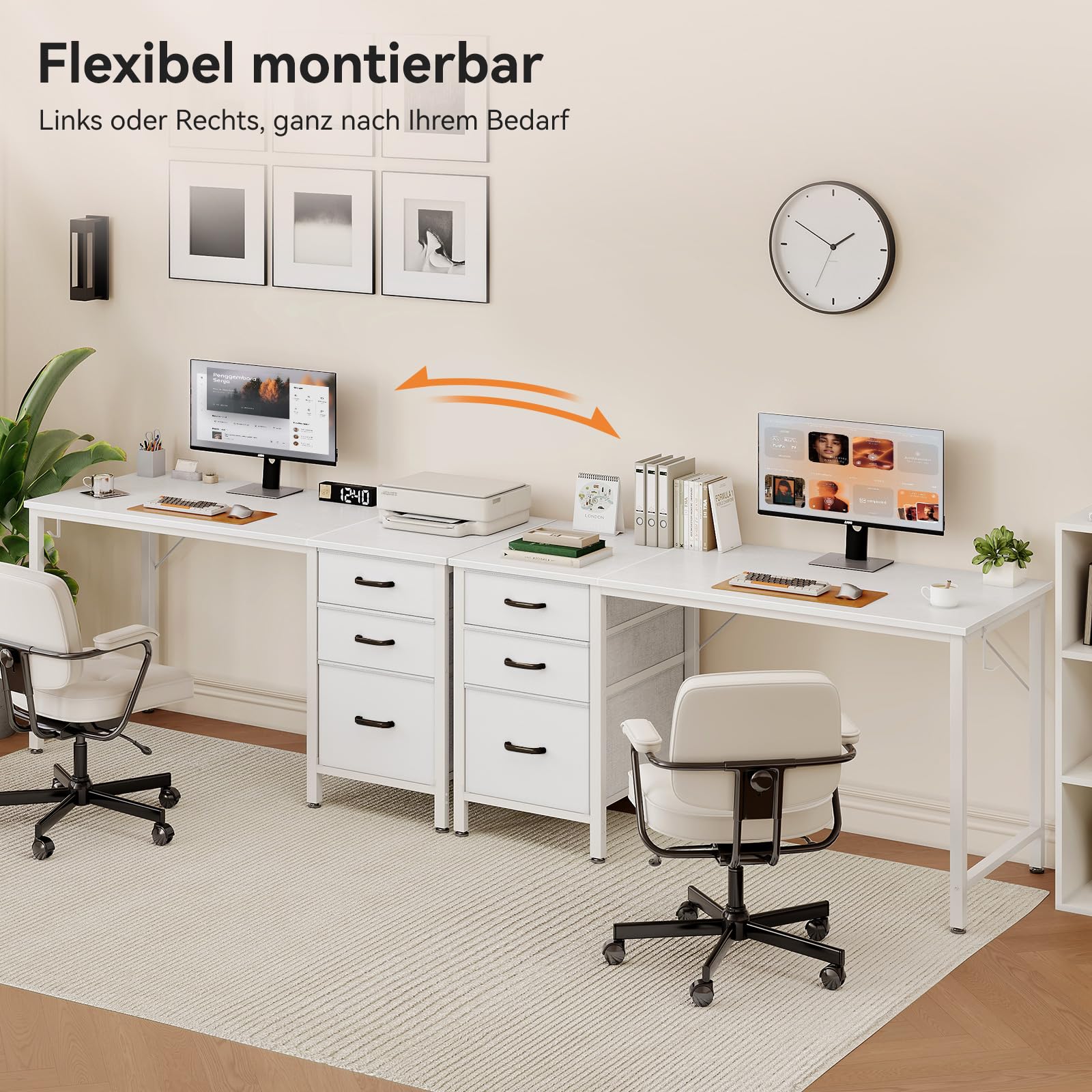 Coleshome Schreibtisch mit 3 Stoff Schubladen, 120x48cm Computertisch mit Kopfhörer Halter, Reversibler PC Schreibtisch Bürotisch für kleines Heimbüro, Weiß