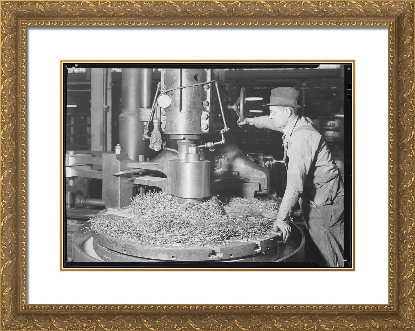 ArtDirect Hine, Lewis Wickes 24x19 Black Modern Framed Art Print with Double Matting Titled: Eddystone, Pennsylvania Railroad Parts Baldwin Locomotive Works Machinist Milling Down a Drive Shaft