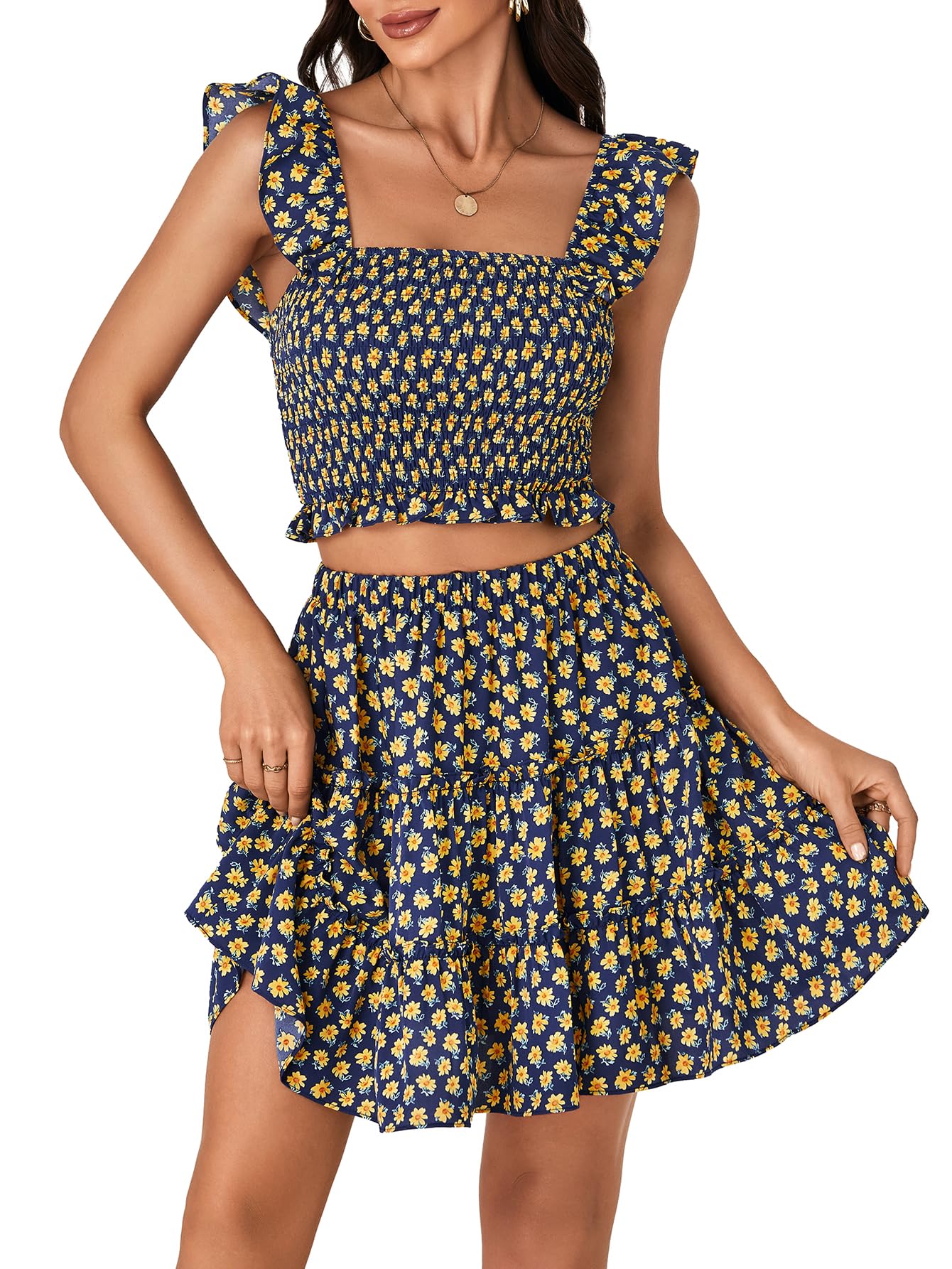 LYANER Womens 2 Piece Outfits Flora Print Smocked Cami Crop Top and Mini Skirt Set