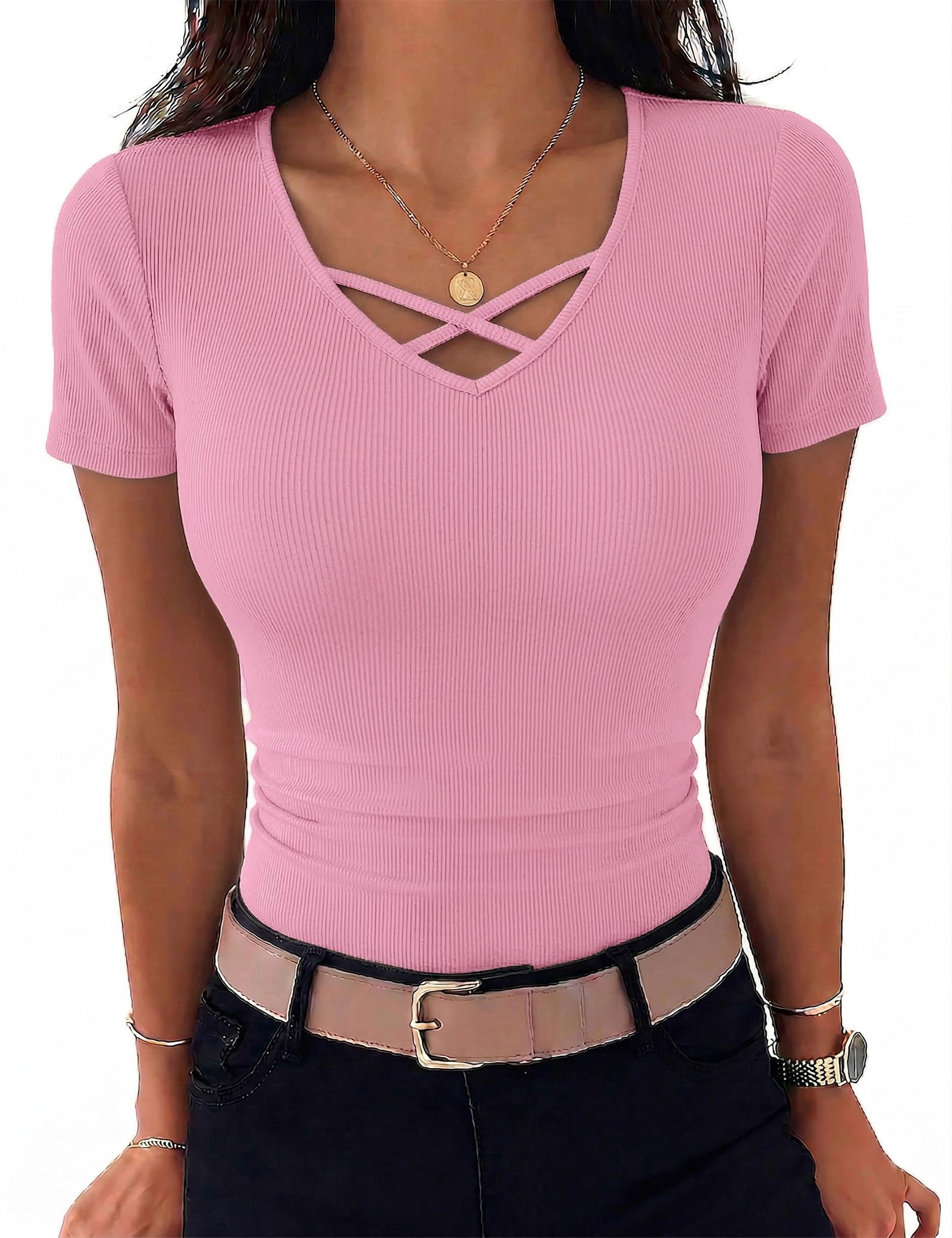 Aottori Tshirt Damen V-Ausschnitt Kurzarm Sommer T-Shirt Basic Gerippt Oberteile Stretch Elegant Top Einfarbig Slim Fit Tee Shirts