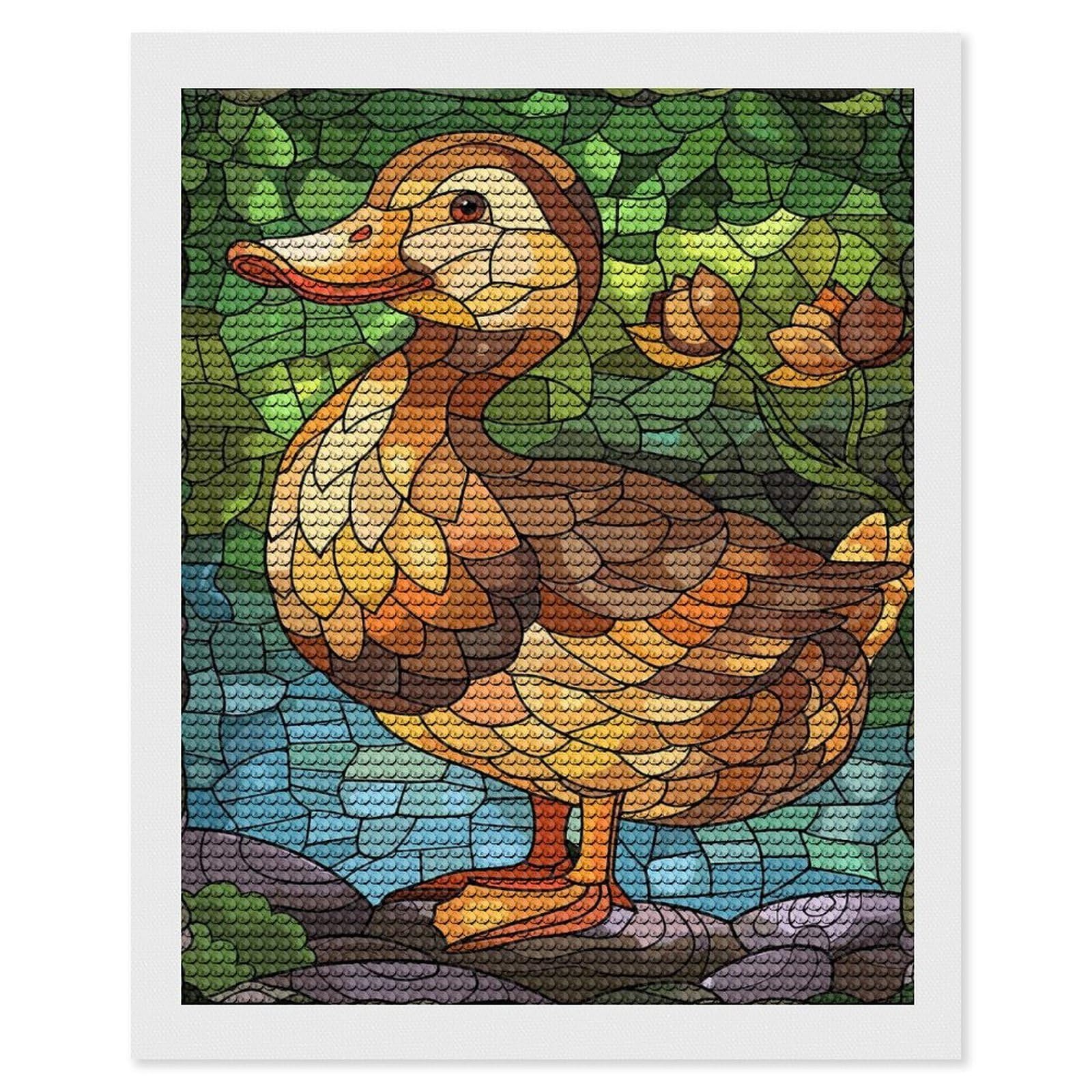 Junmoney Stained Glass Duck in Nature Diamond Art Kit 16"x20", Vintage Style Decor, Stress Relief Craft, Decor Project, Relaxing DIY, Creative Hobby