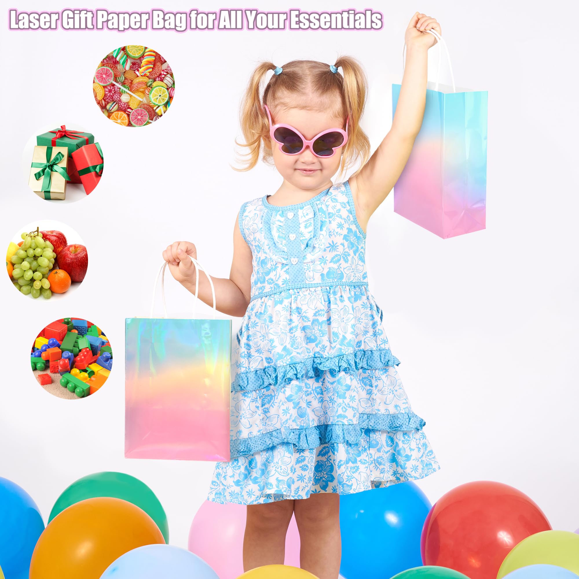 MIMIND 24 Pack Iridescent Paper Gift Bags with Handles Holographic Party Favor Bags with Tissue Paper 8.7 x 6.3 x 3.1 Inch Glitter Gradient Pink and Blue Goodie Candy Bag for Wedding Birthday Parties