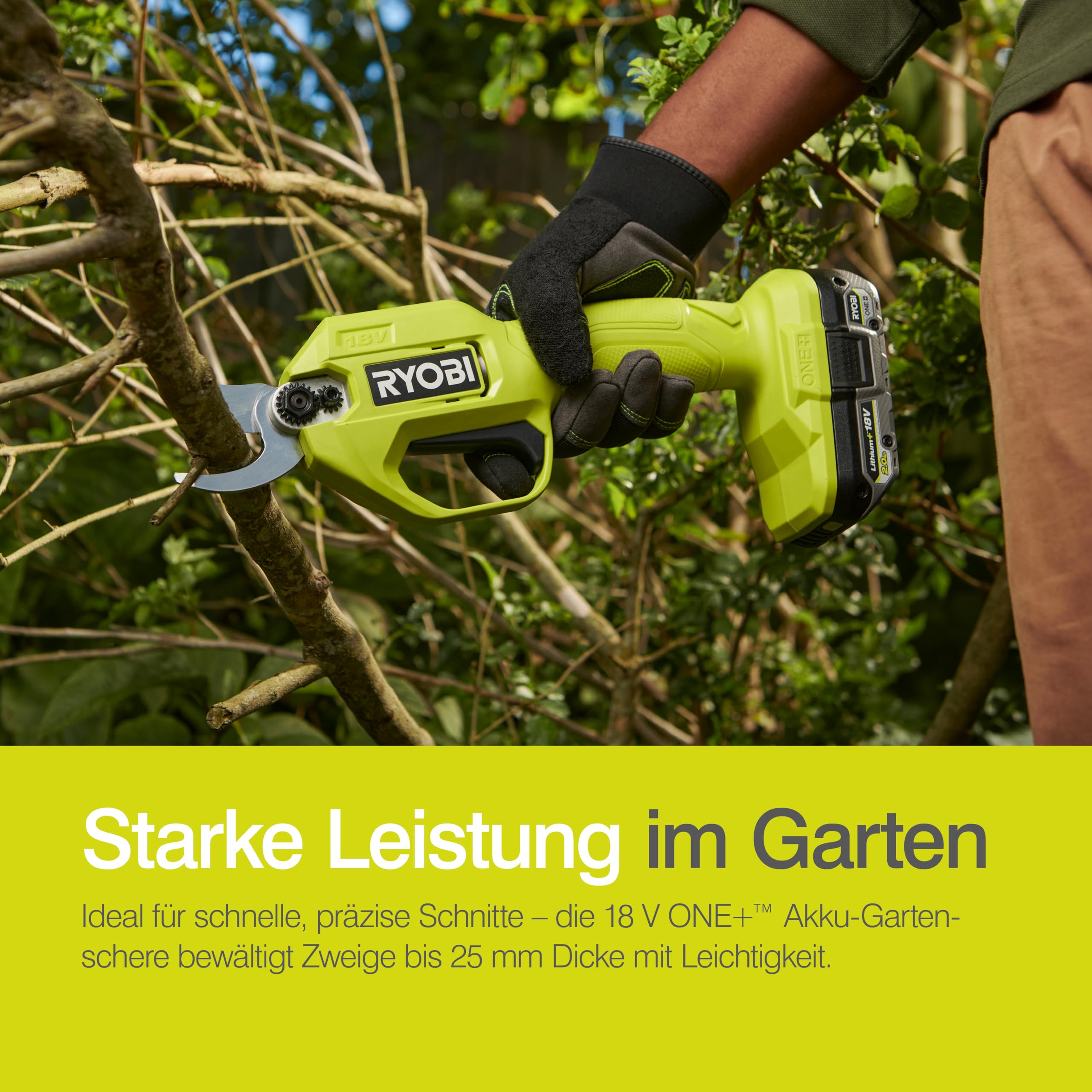 RYOBI 18 V ONE+ Akku-Gartenschere RY18SCA-0 (25 mm Schnittkapazität, 2,5 Sekunden für einen Schnittvorgang, SK5-Stahlklingen, ohne Akku und Ladegerät)