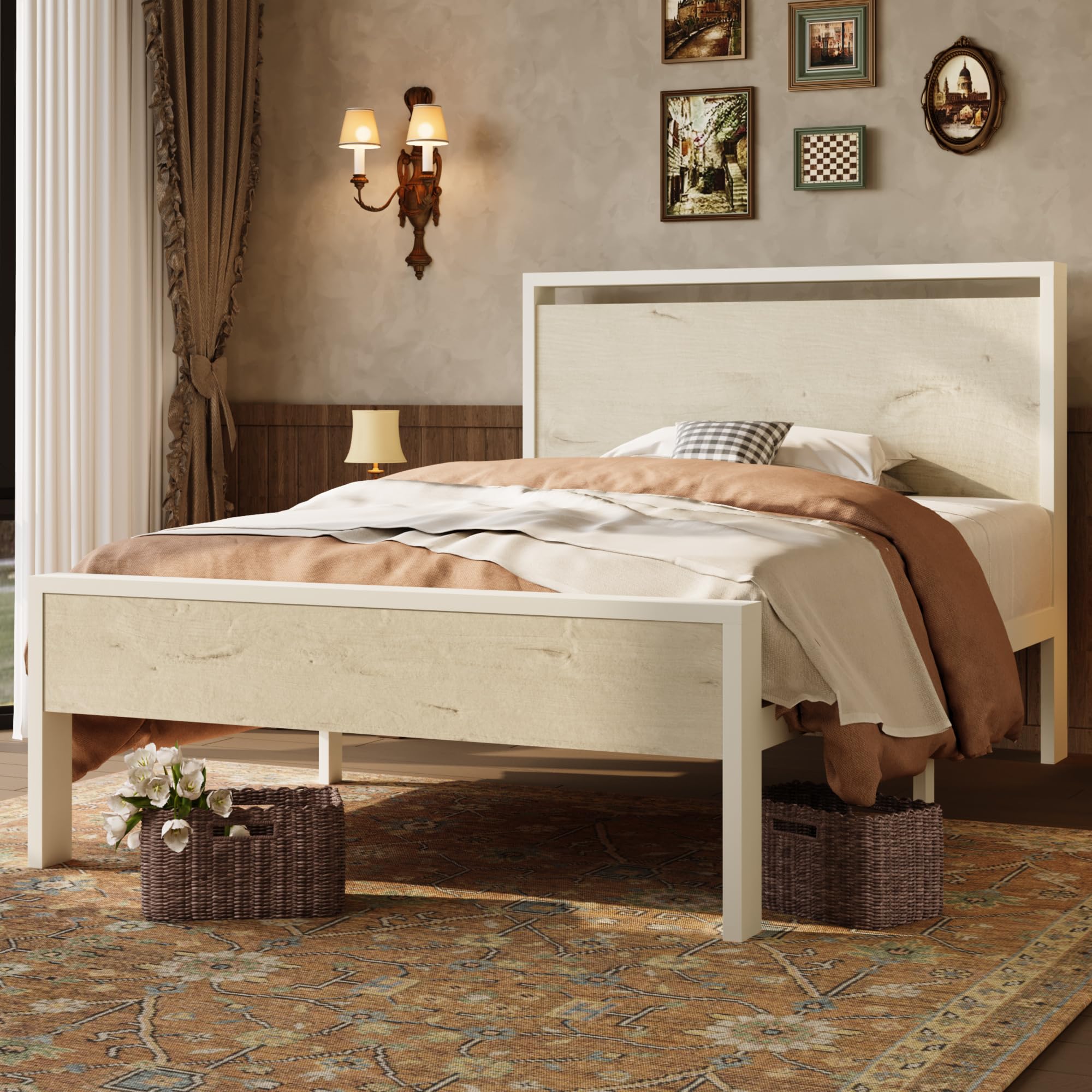 SHA CERLIN 14 Inch Twin Metal Platform Bed Frame with Wooden Headboard and Footboard, No Box Spring Needed, Large Under Bed Storage, Heavy Duty Slats Support, White Washed Oak