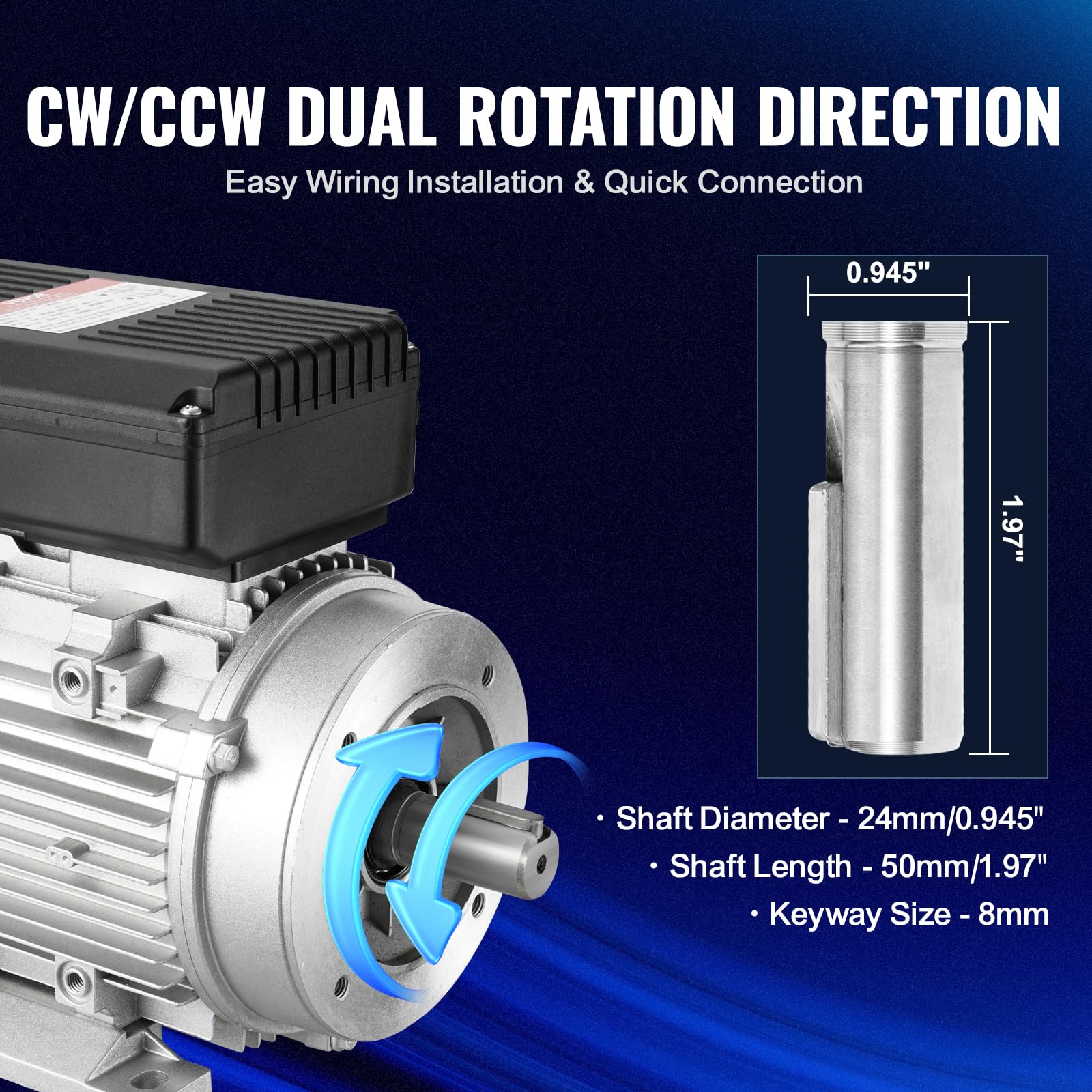VEVOR Motor Eléctrico 1,1 kW 2800 RPM, CA 220~240 V 7,1 A, Marco B34, Motor de Compresor de Aire Monofásico, Eje con Llave de 24 mm, para Maquinaria Agrícola y Equipos Generales, 330 x 175 x 240 mm